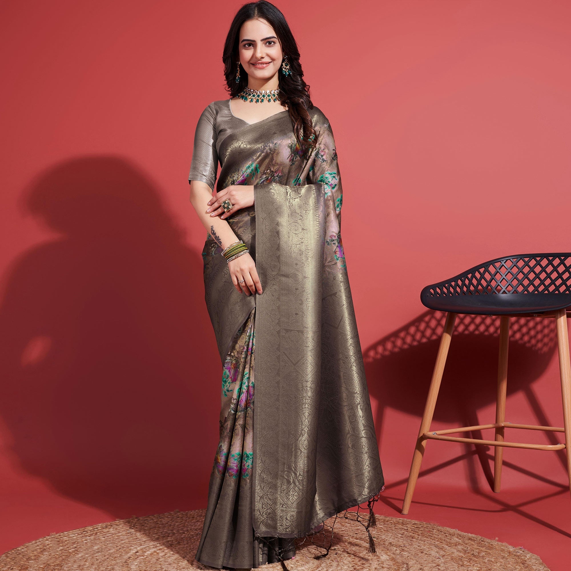 Peachmode Dusty Brown Floral Digital Printed With Woven Border Banarasi Silk Saree - view 2