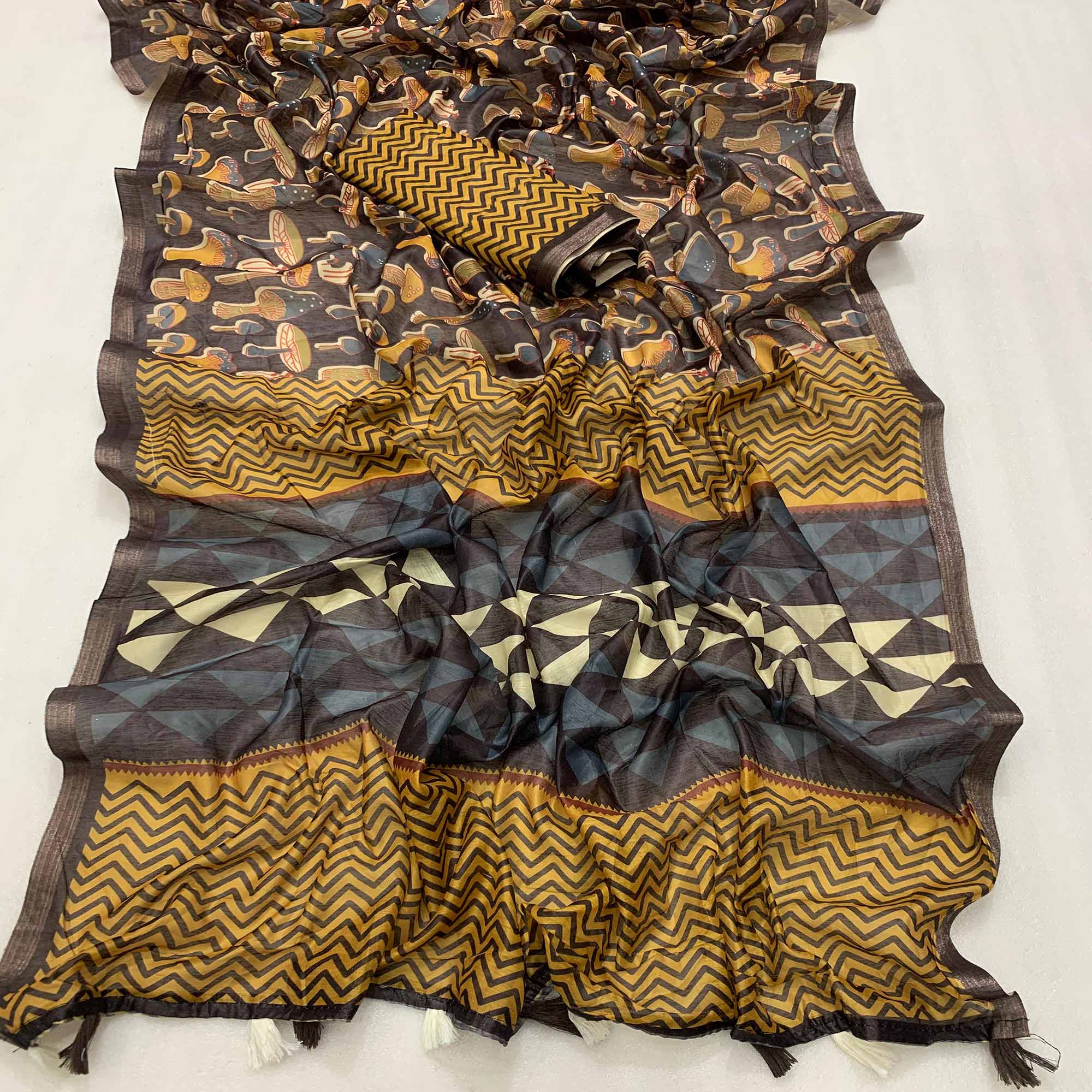 Peachmode Dark Brown Kalamari Printed Chanderi Saree