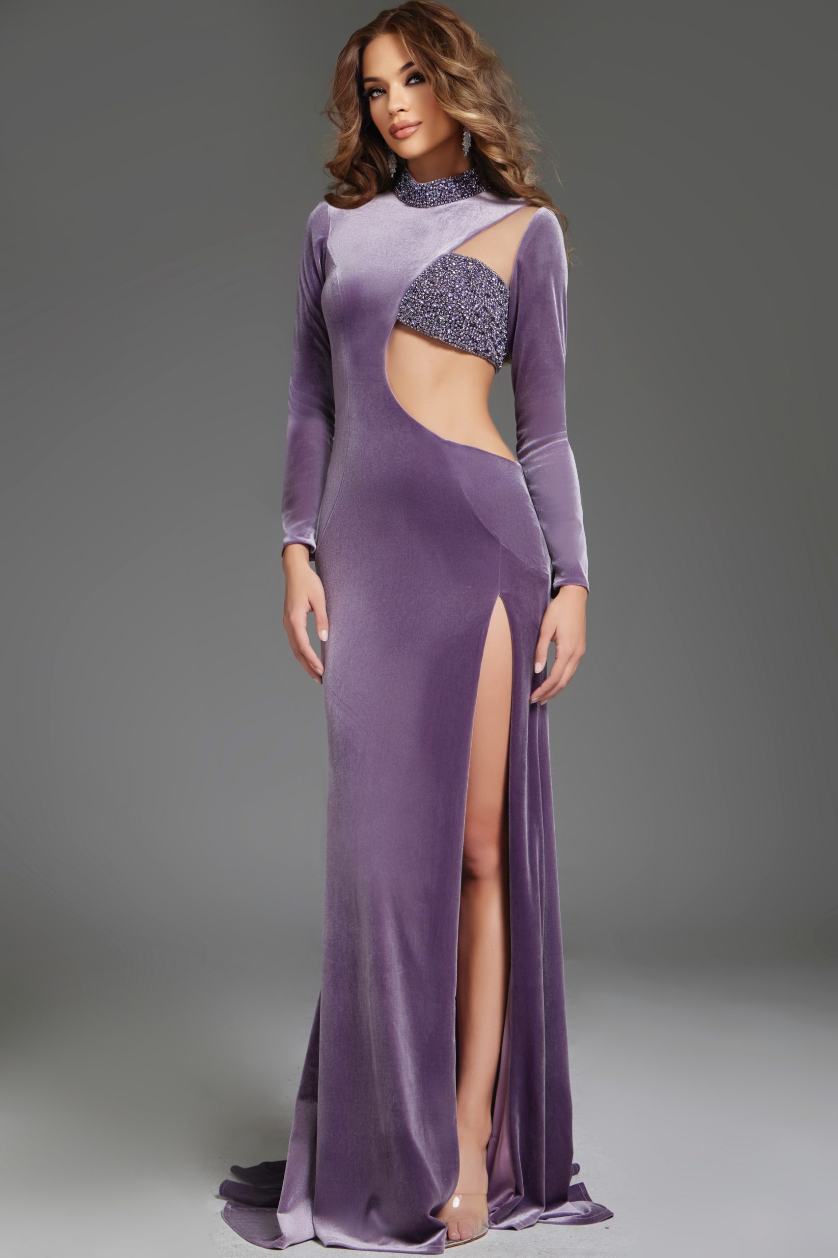 Velvet Fitted Long Sleeve Slit Gown by Jovani 40124 - view 3
