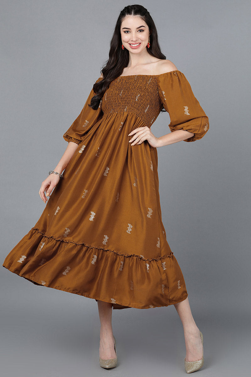 Ahika Brown Poly Silk Embellished Midi Dress VD1278