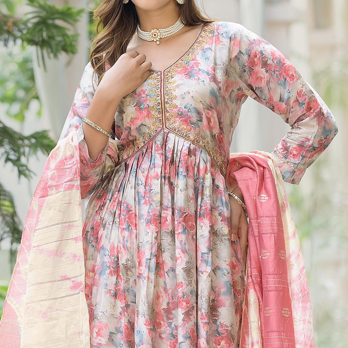 Peachmode Seller Cream Floral Printed Modal Anarkali Salwar Suit - view 2