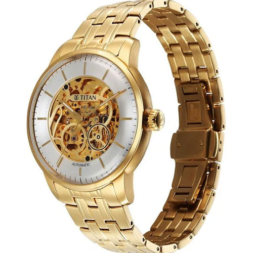 Titan Golden Heart Skeletal Automatic Analog with Silver Dial Yellow Gold Stainless Steel Strap Watch for Men 44mm 90110YM01 - view 2