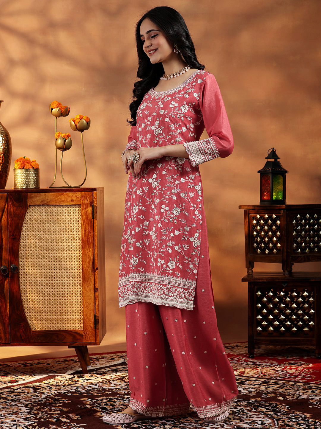Libas Coral Embroidered Silk Blend Straight Suit With Dupatta - view 2