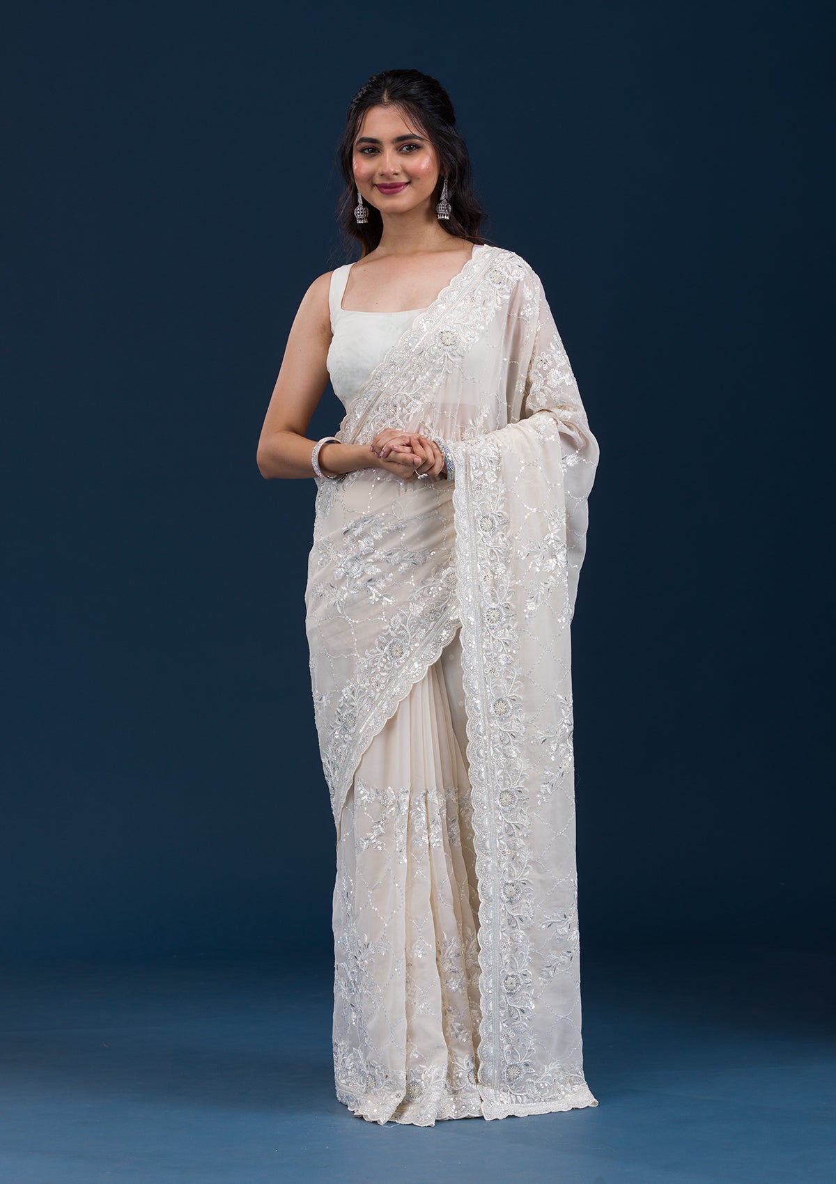 Koskii Cream Threadwork Chiffon Saree – Women's