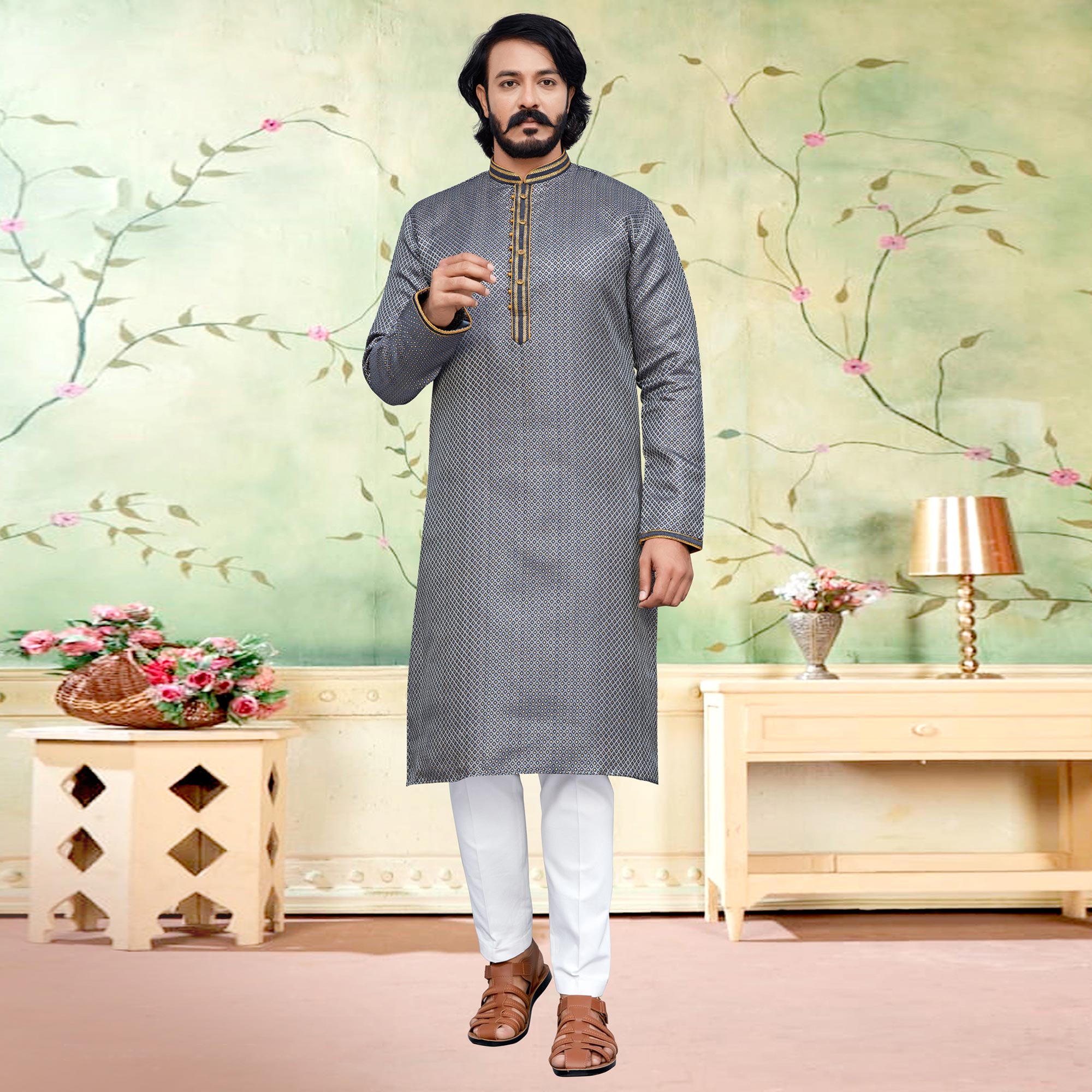 Peachmode Seller Grey Woven Jacquard Kurta Pyjama Set - view 2