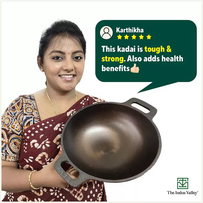 The Indus Valley Super Smooth Cast Iron Kadai (Wok)+ Glass Lid, Pre-seasoned, Nonstick, 100% Pure,Toxin-free, 25.4cm, 2.5L, 2.4kg - view 12