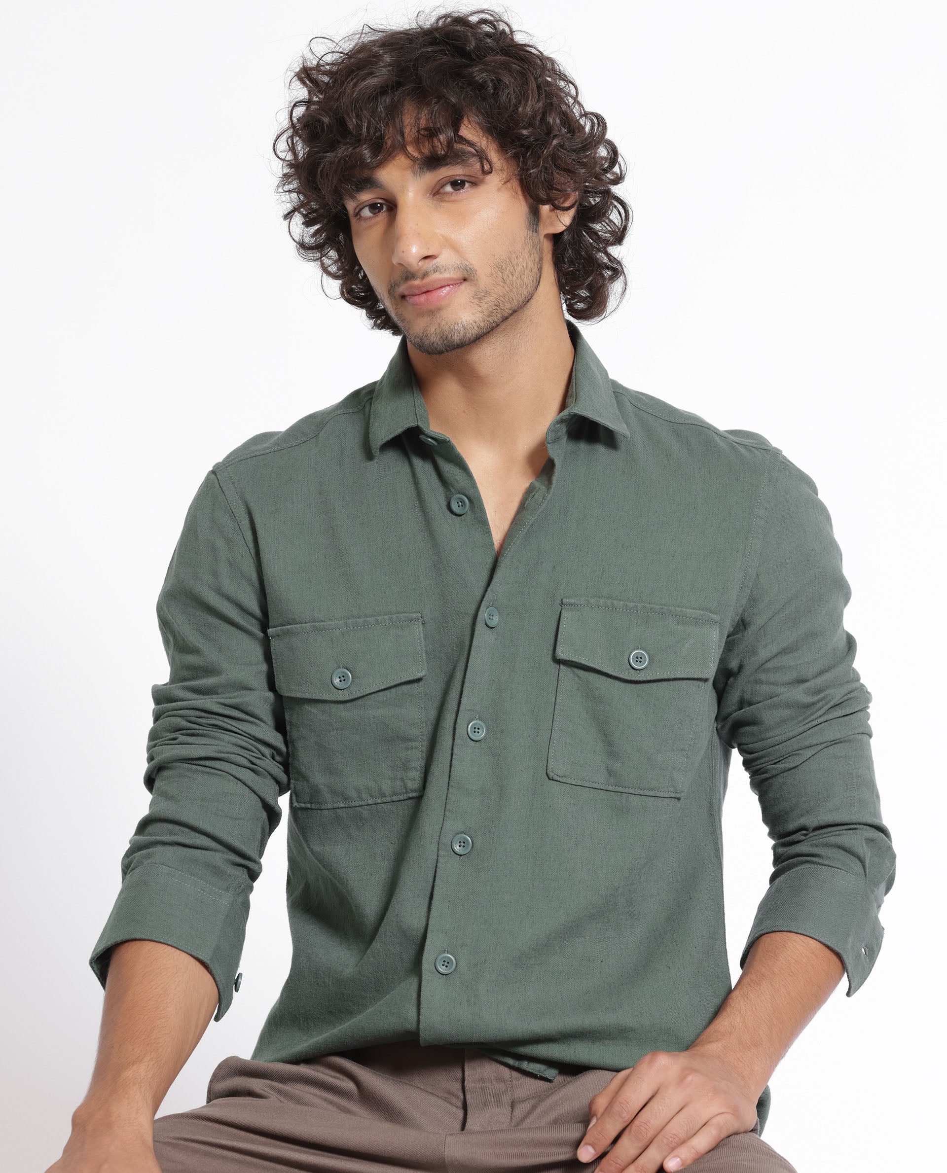 Rare Rabbit Men's Lang Dark Green Linen Full Sleeves Solid Shirt
