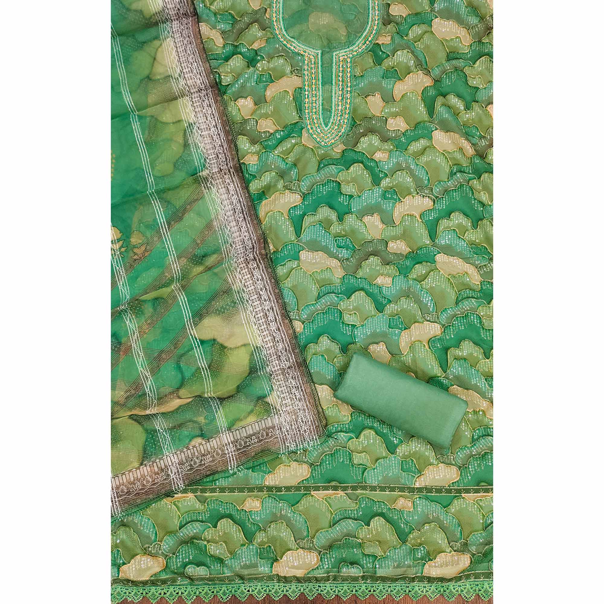 BlackTree green-sequins-embroidered-organza-dress-material-2 - view 4