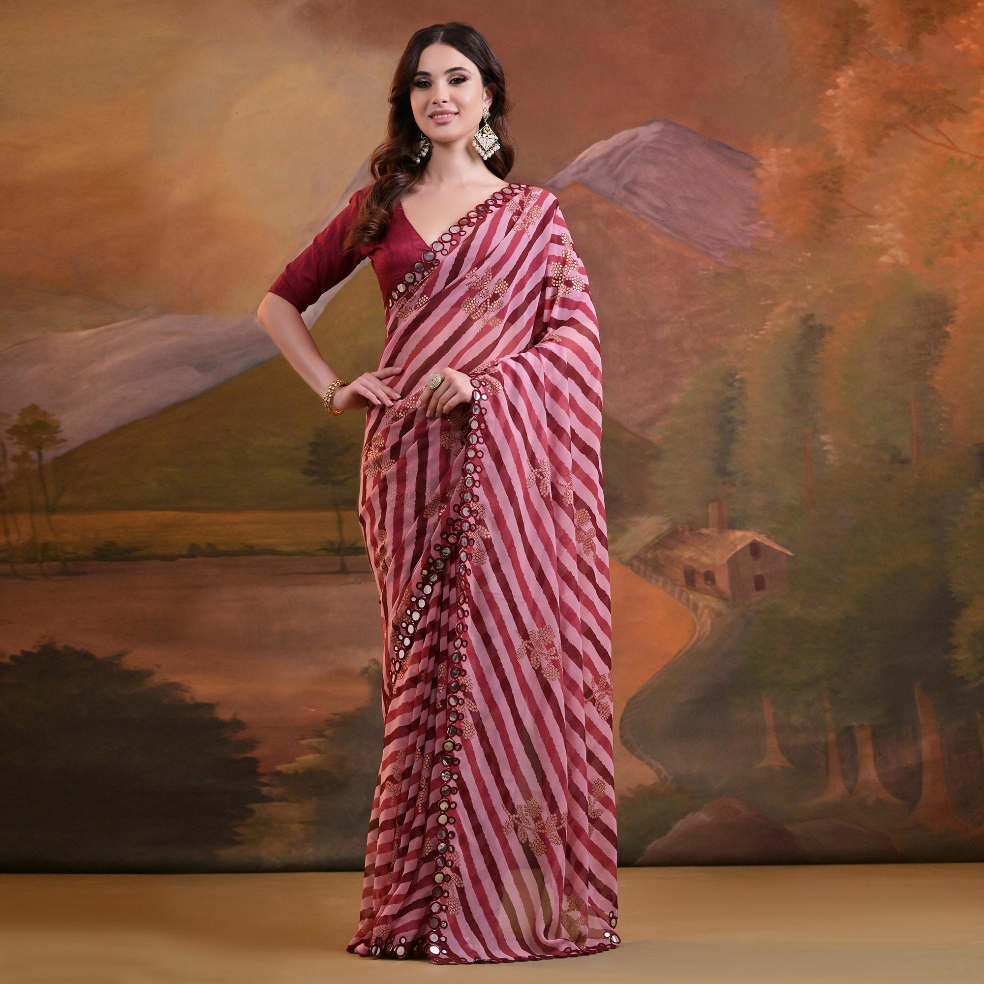 Peachmode Maroon Leheriya With Floral Foil Printed Georgette Saree - view 2