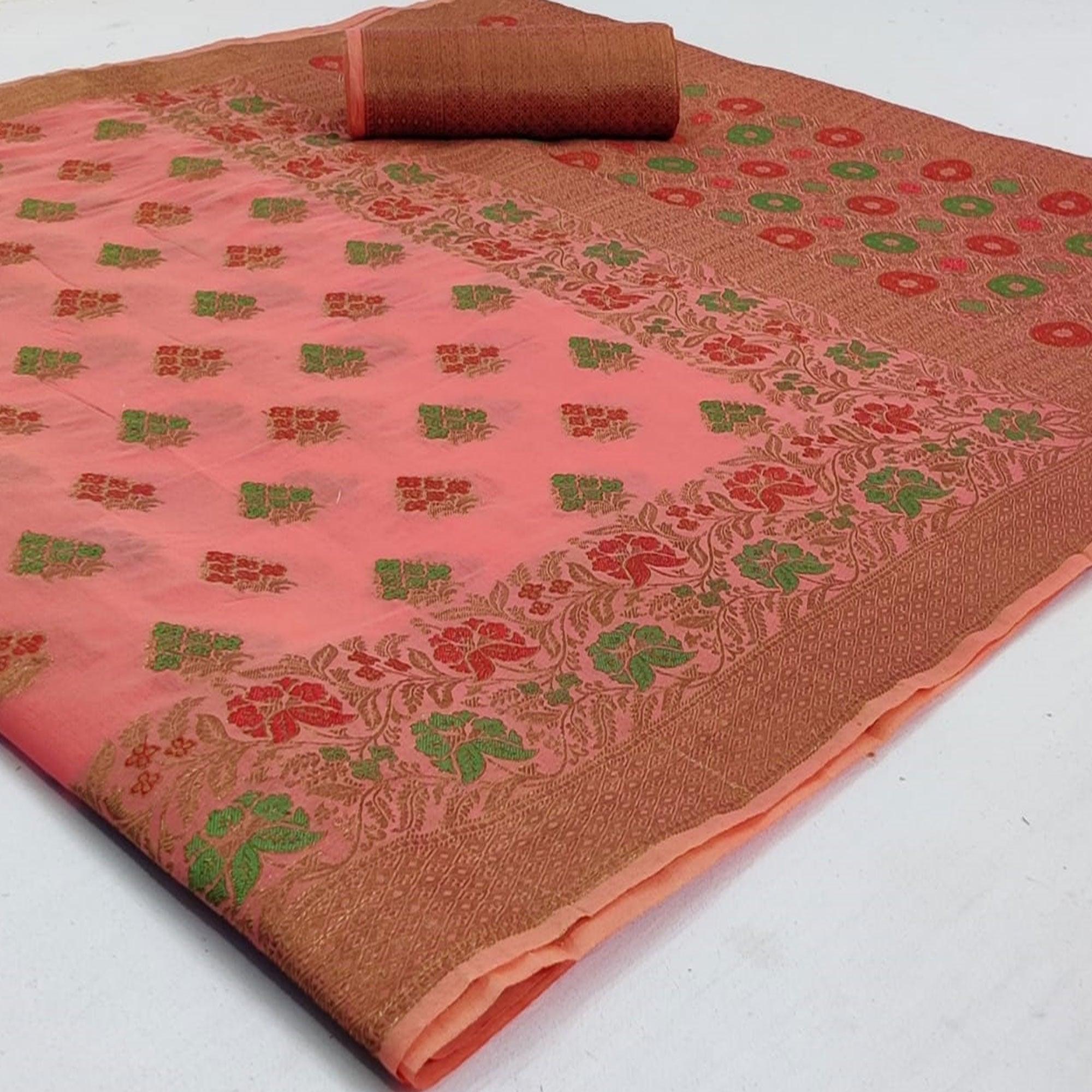 Peachmode Groovy Pink Colored Festive Wear Woven Cotton Saree