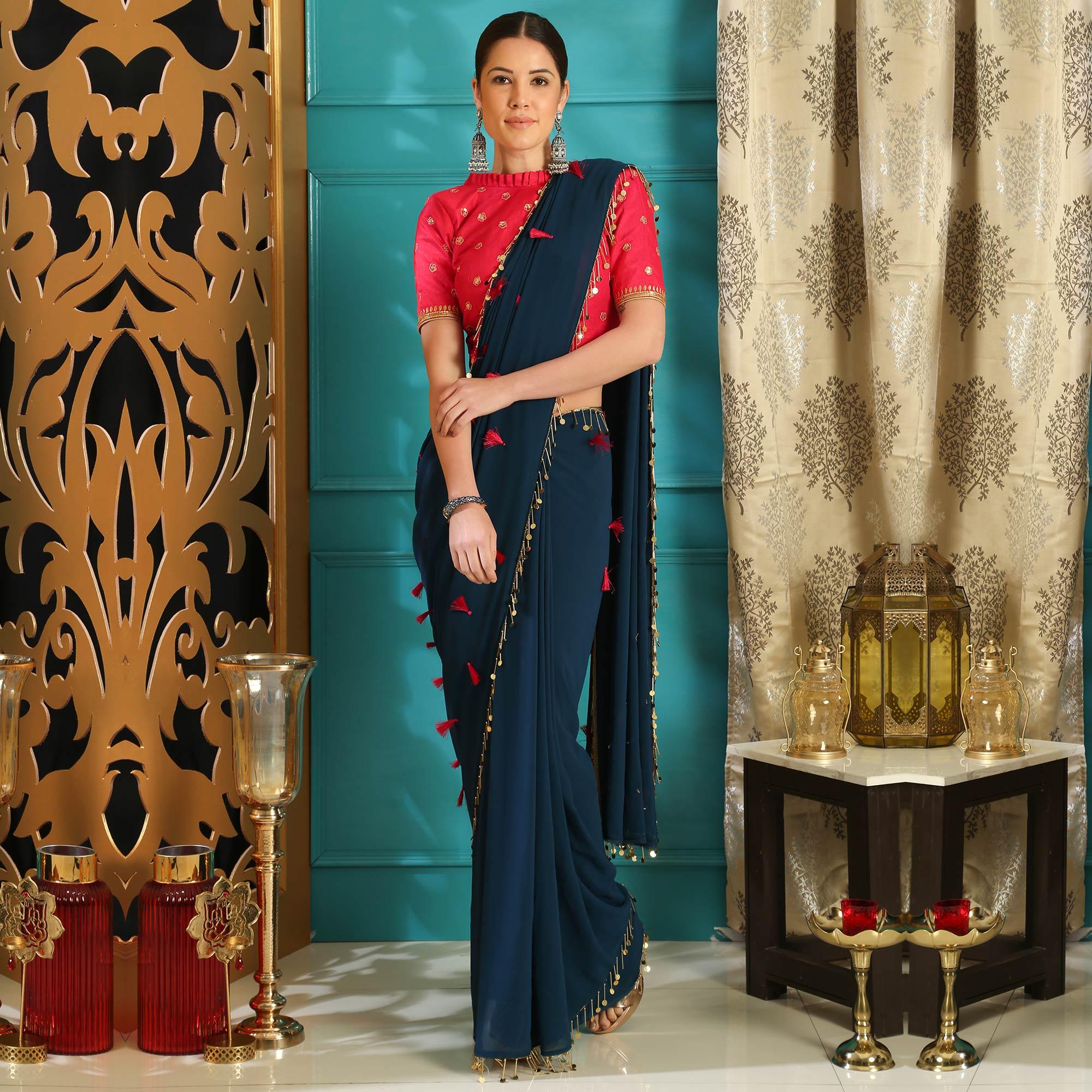 Peachmode Capricious Teal Blue Colored Party Wear Embroidered Pure Georgette Saree