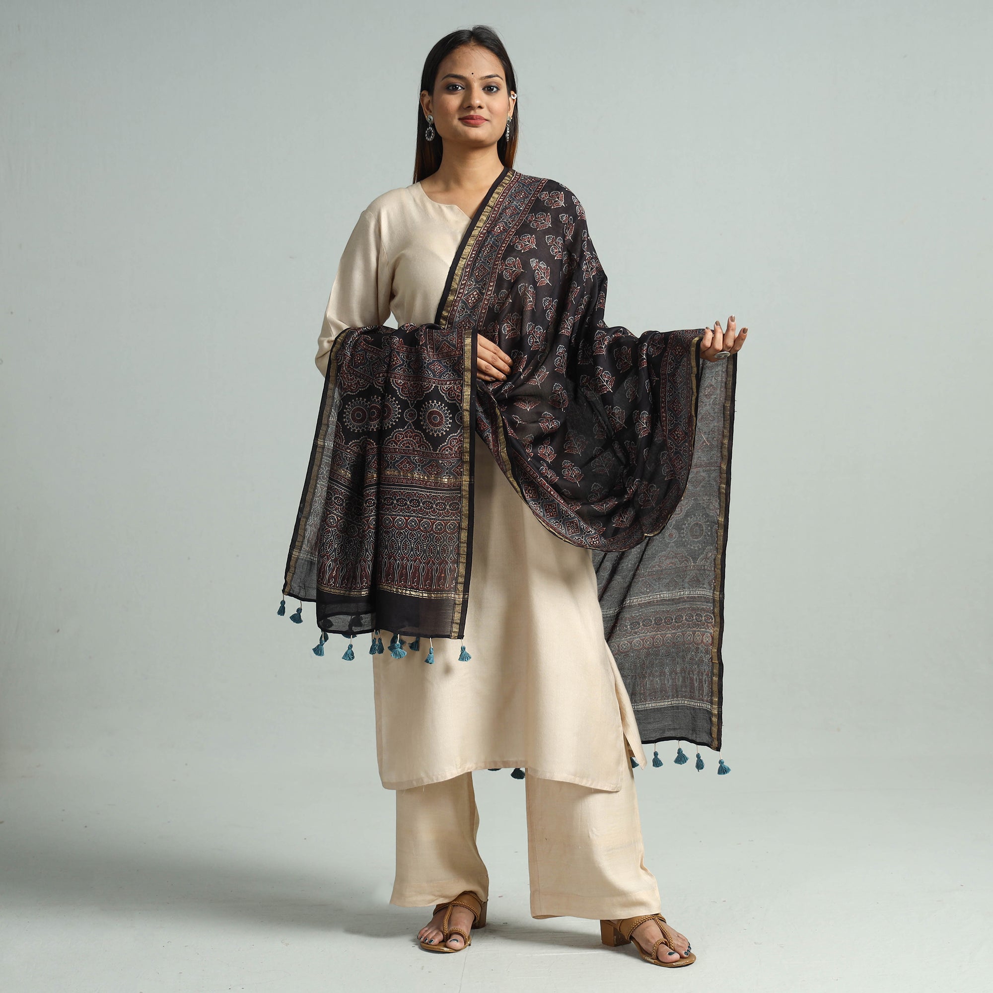 KACHCHH JI CHHAAP Black - Hand Block Print Chanderi Silk Ajrakh Dupatta 70 - view 2