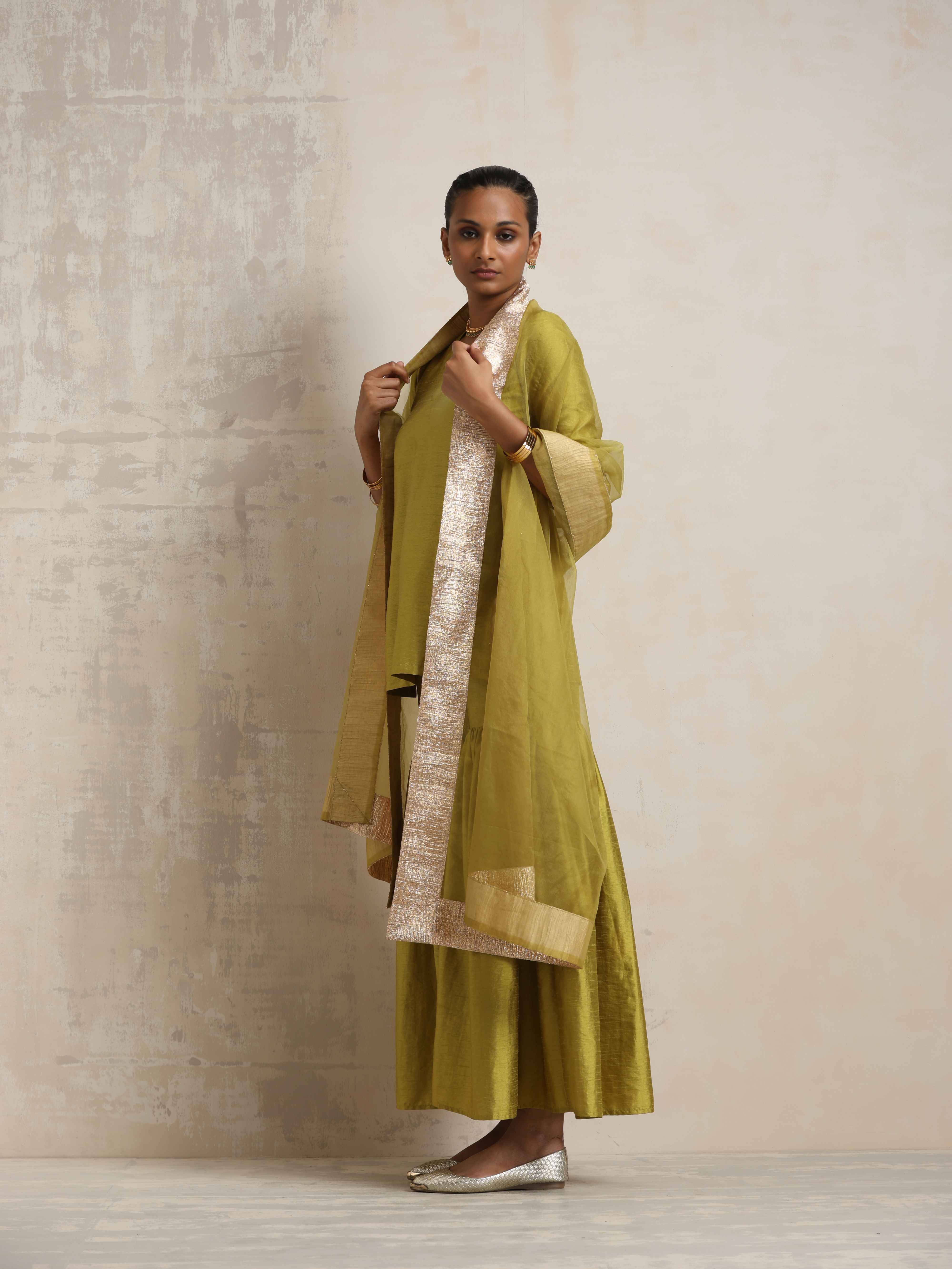 trueBrowns Green Silk Sharara Dupatta Set - view 5
