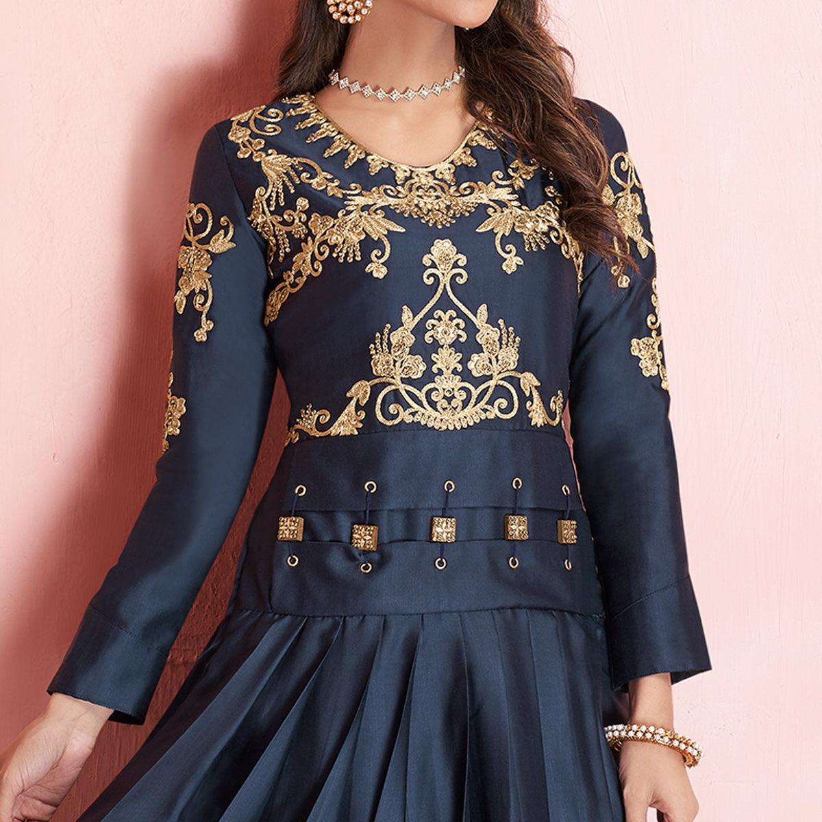 Peachmode Seller Intricate Greyish Black Colored Partywear Embroidered Tapeta Silk Gown - view 3