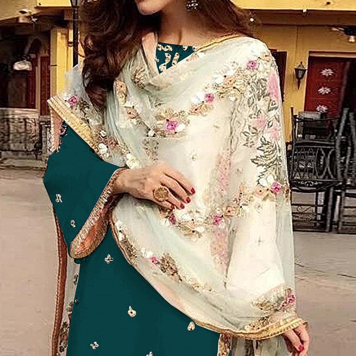 Peachmode Dark Green Partywear Straight cut Style Embroidery and Moti Work faux Georgette Salwar Suit - view 2