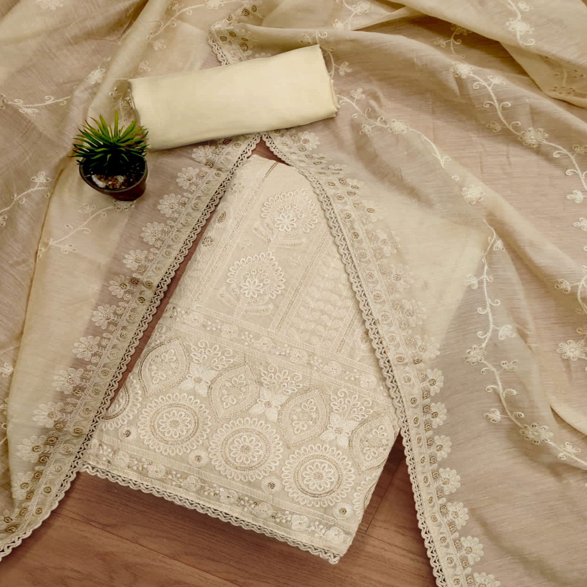 Peachmode Cream Sequins Embroidered Chanderi Silk Dress Material