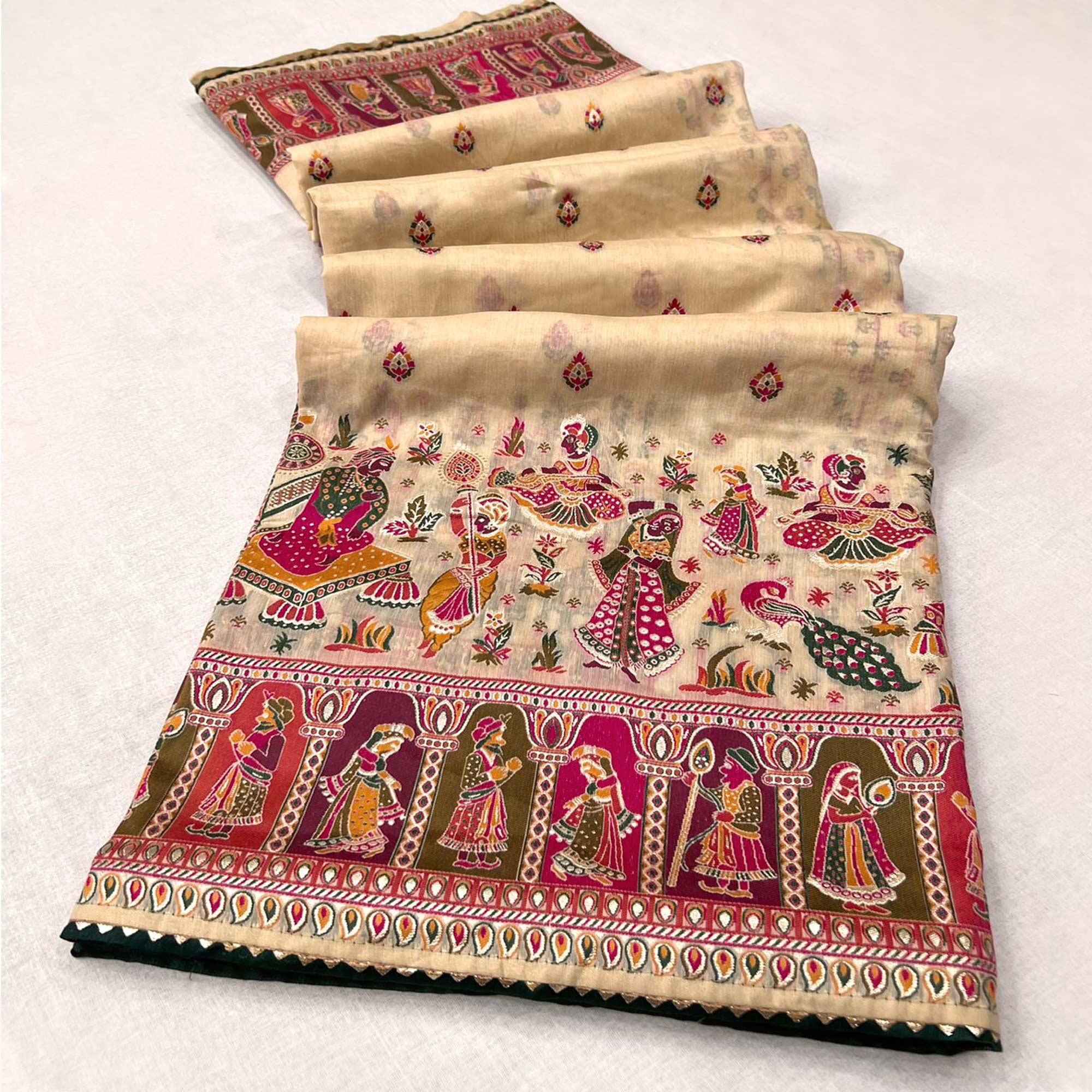 Peachmode Cream Kalamkari Woven Chanderi Saree - view 4