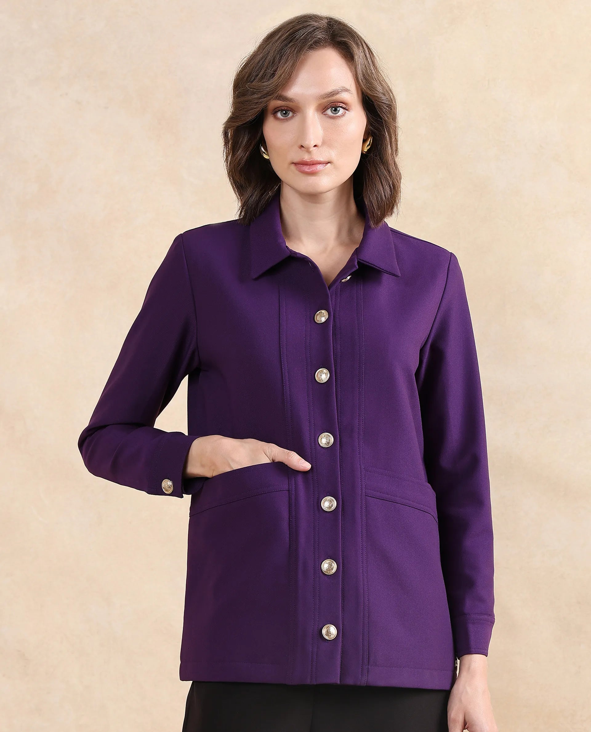 Rareism Women Yeppon Purple Cuffed Sleeve Collared Neck Button Closure Boxy Fit Hip Length Plain Jacket - view 3