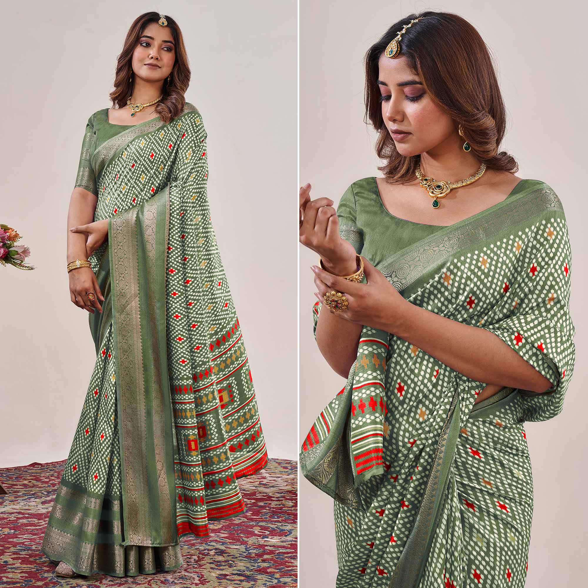 Peachmode Dusty Green Ikkat Printed With Jacquard Border Cotton Silk Saree
