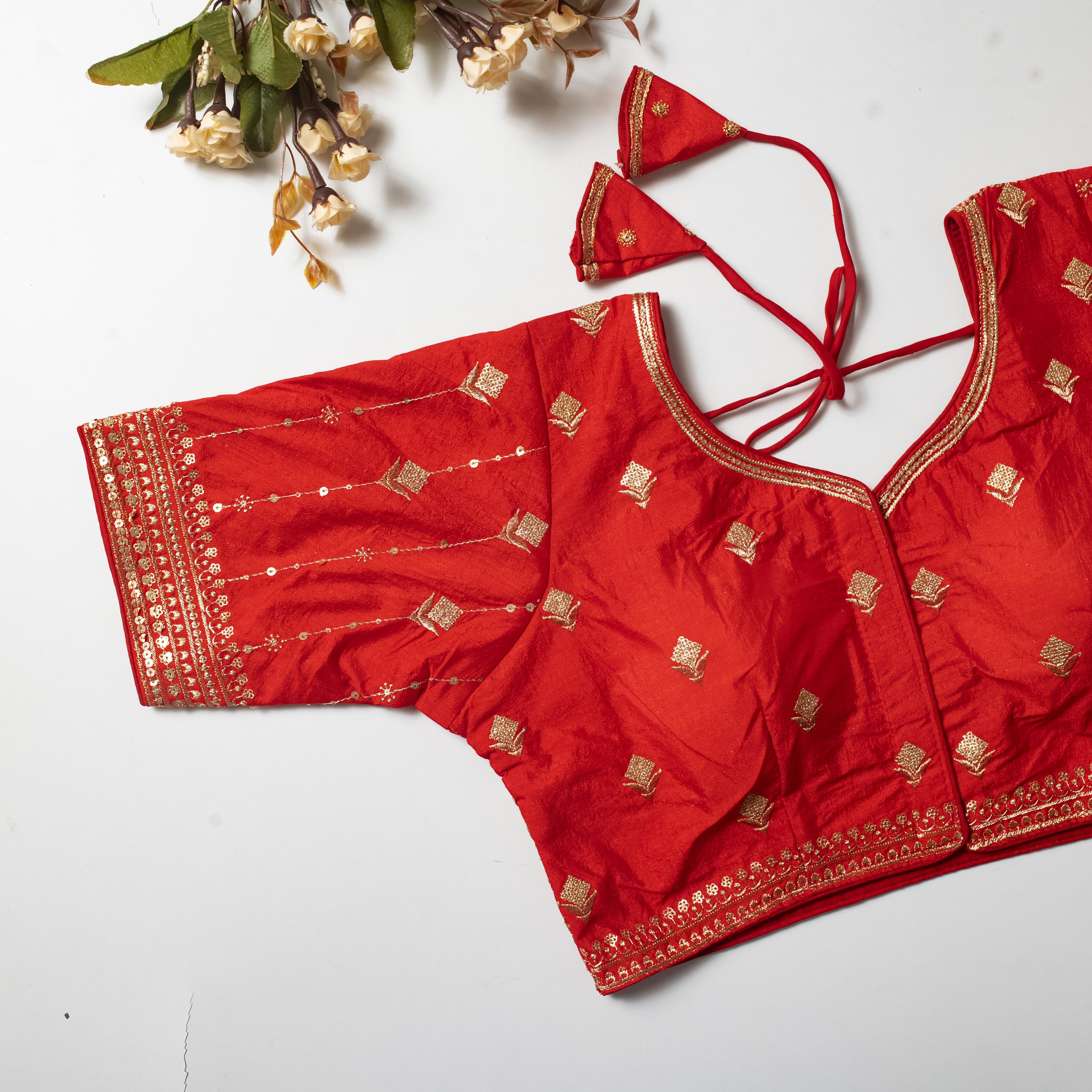 ClothsVilla Red Golden Embroidered Vibrant Silk Blouse with Sequins