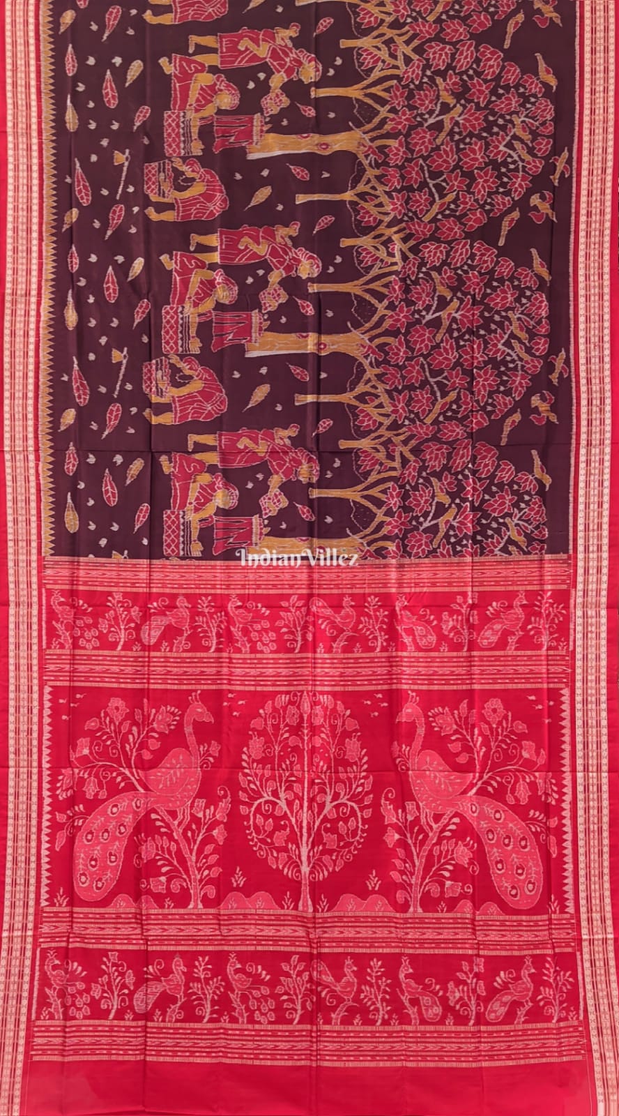 IndianVillèz Wine Red Color Tribal Theme Sambalpuri Ikat Silk Saree