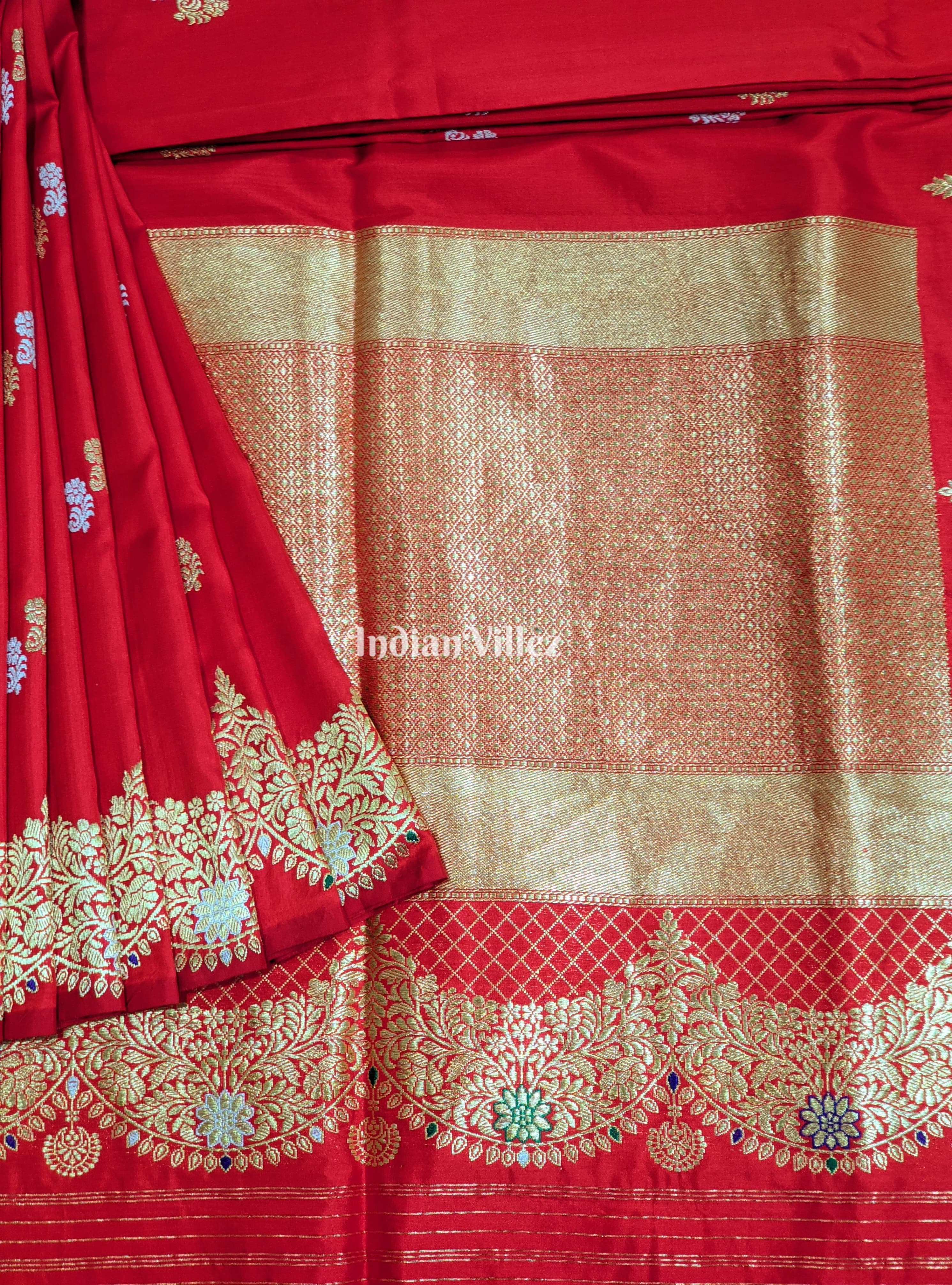 IndianVillèz Red Floral Motif Designer Banarasi Katan Silk Saree