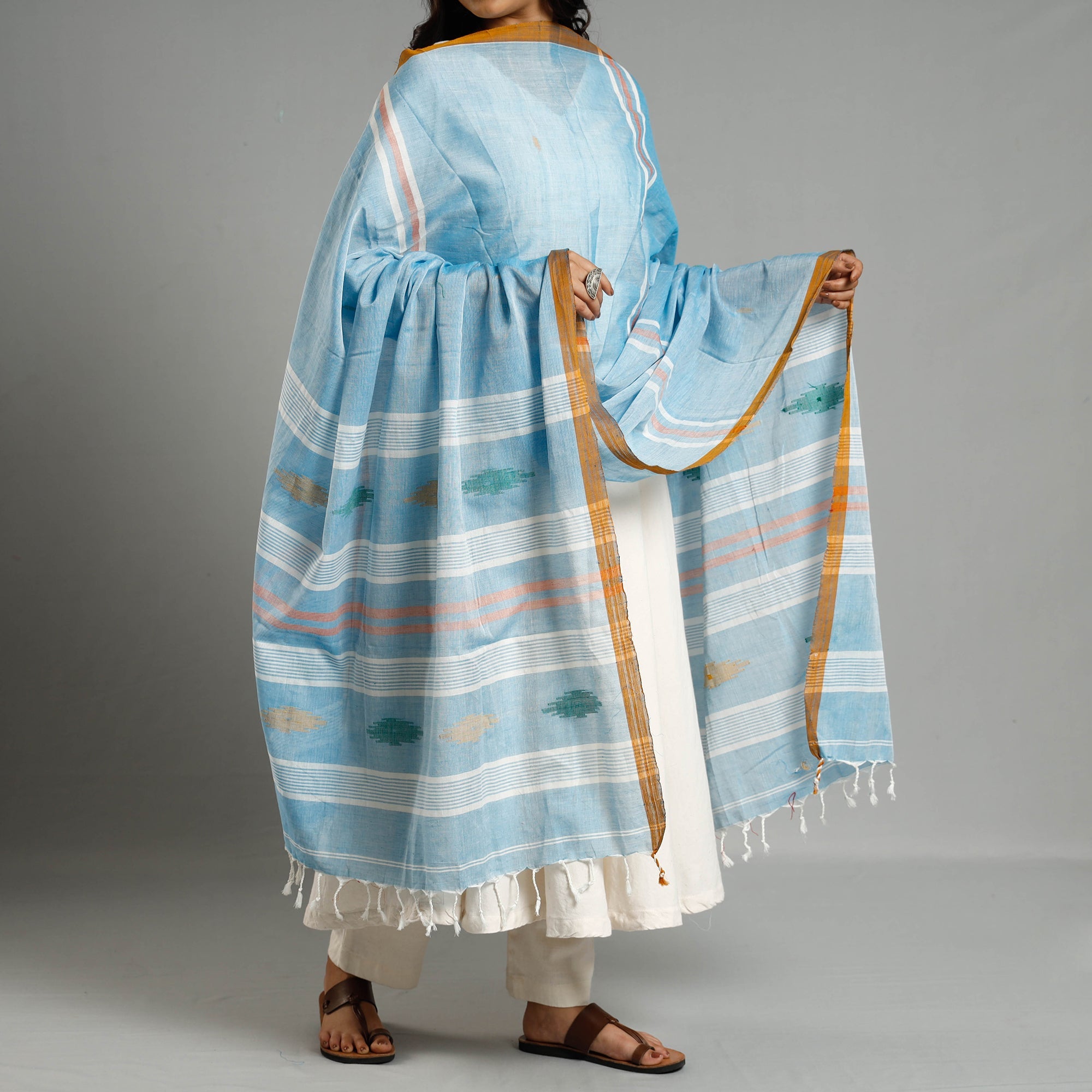 WEAVE INDIA BY SHEIKH MOIDUN NILUFAR Blue - Assam Weave Handloom Cotton Thread Buti Dupatta with Tassels - view 2