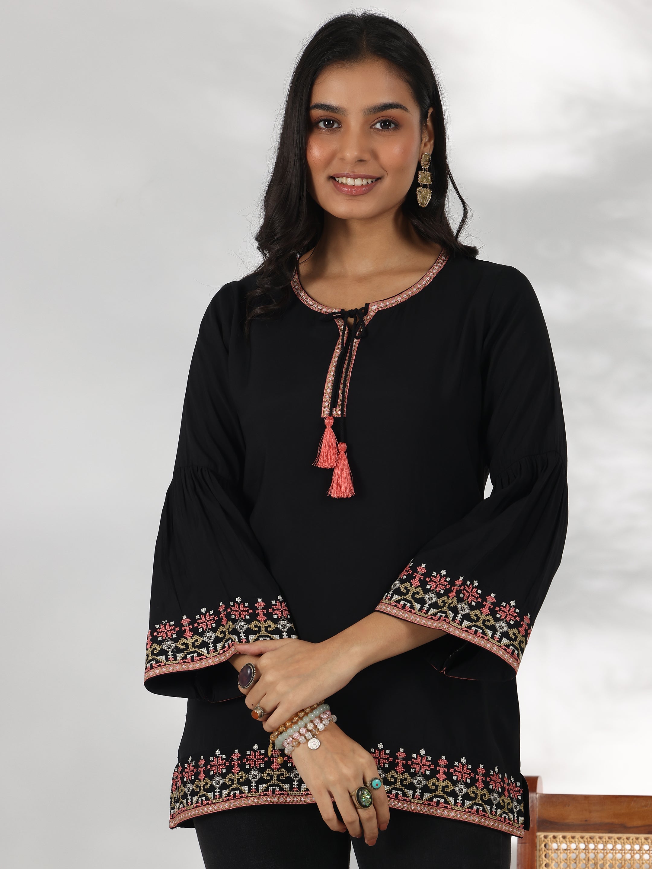 Libas Black Embroidered Silk Blend Straight Kurti - view 2