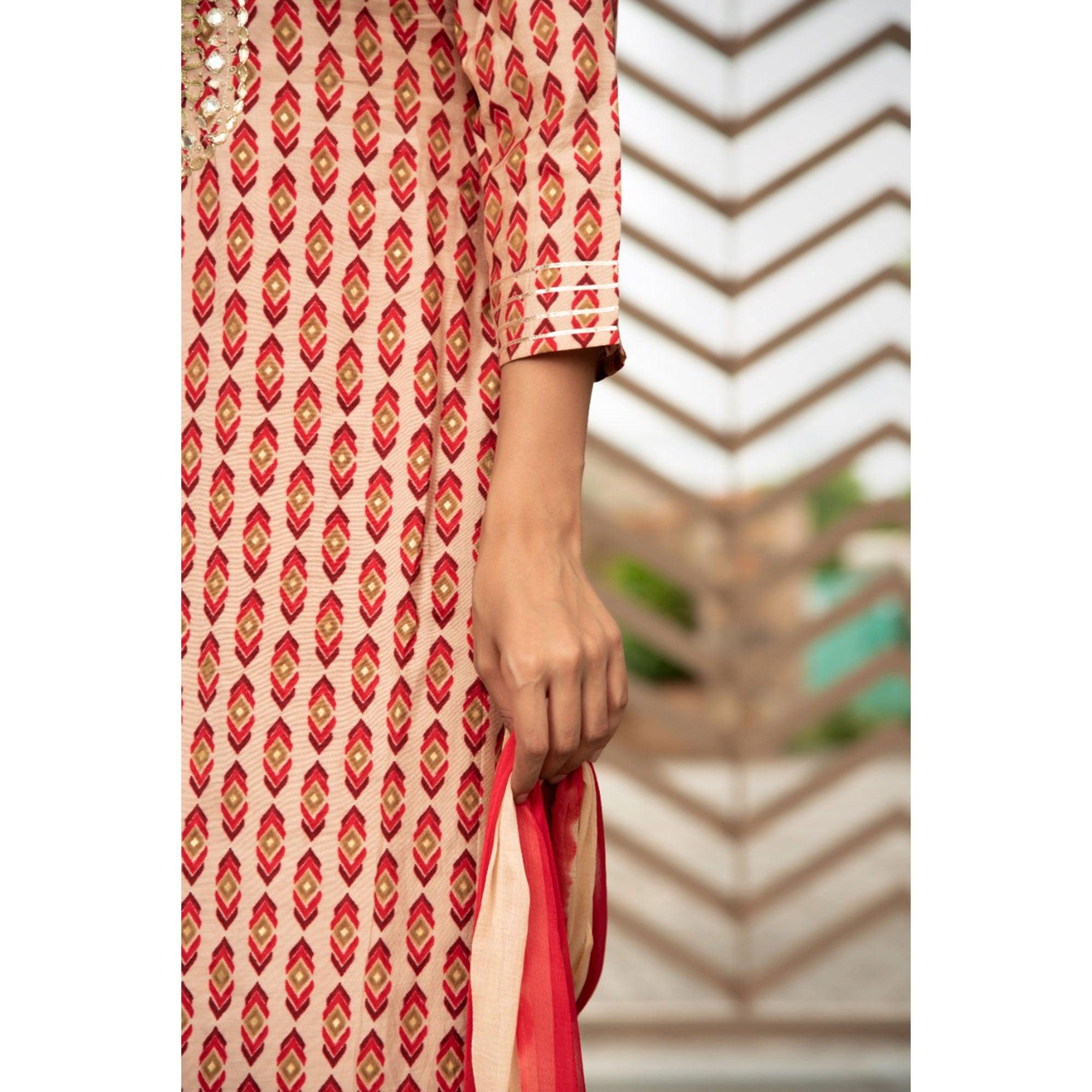 Peachmode Cream Partywear Printed With Embellished Cotton Kurti Pant Set - view 2