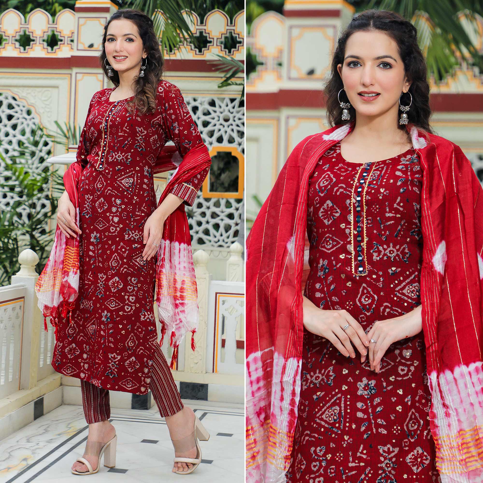 Peachmode Maroon Foil Printed Rayon Suit