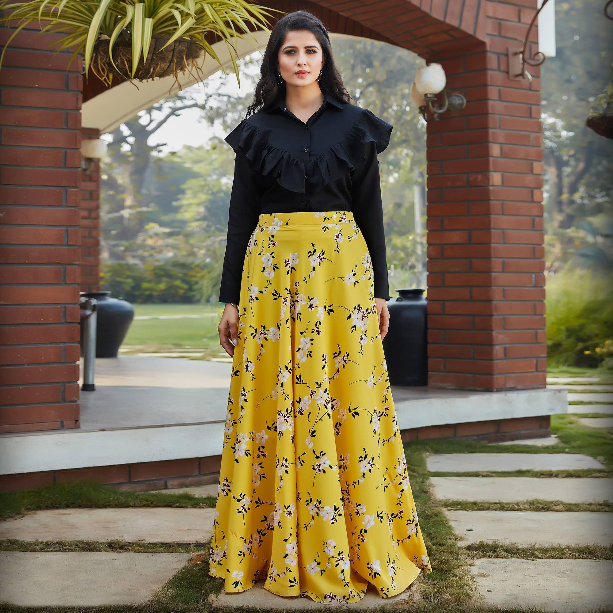 Peachmode Seller Intricate Black - Yellow Colored Casual Wear Printed Western Crop Top - Skirt Set