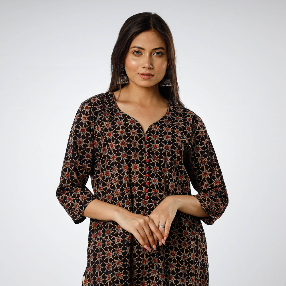 ITOKRI CASUALS Black - Ajrakh Block Printed Cotton Long Straight Kurta