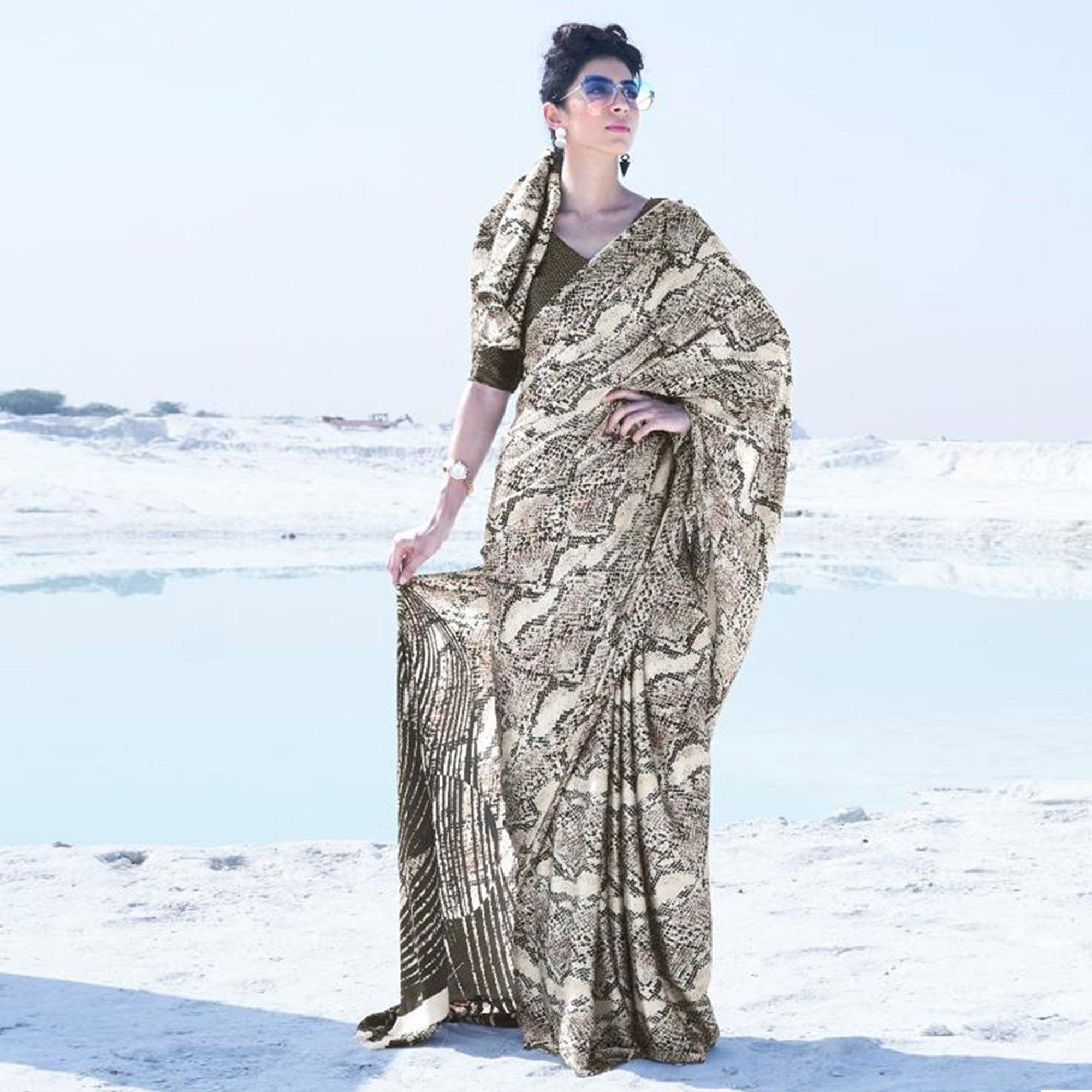 Peachmode Imposing Cream - Brown Colored Casual Wear Printed Satin Crepe Saree