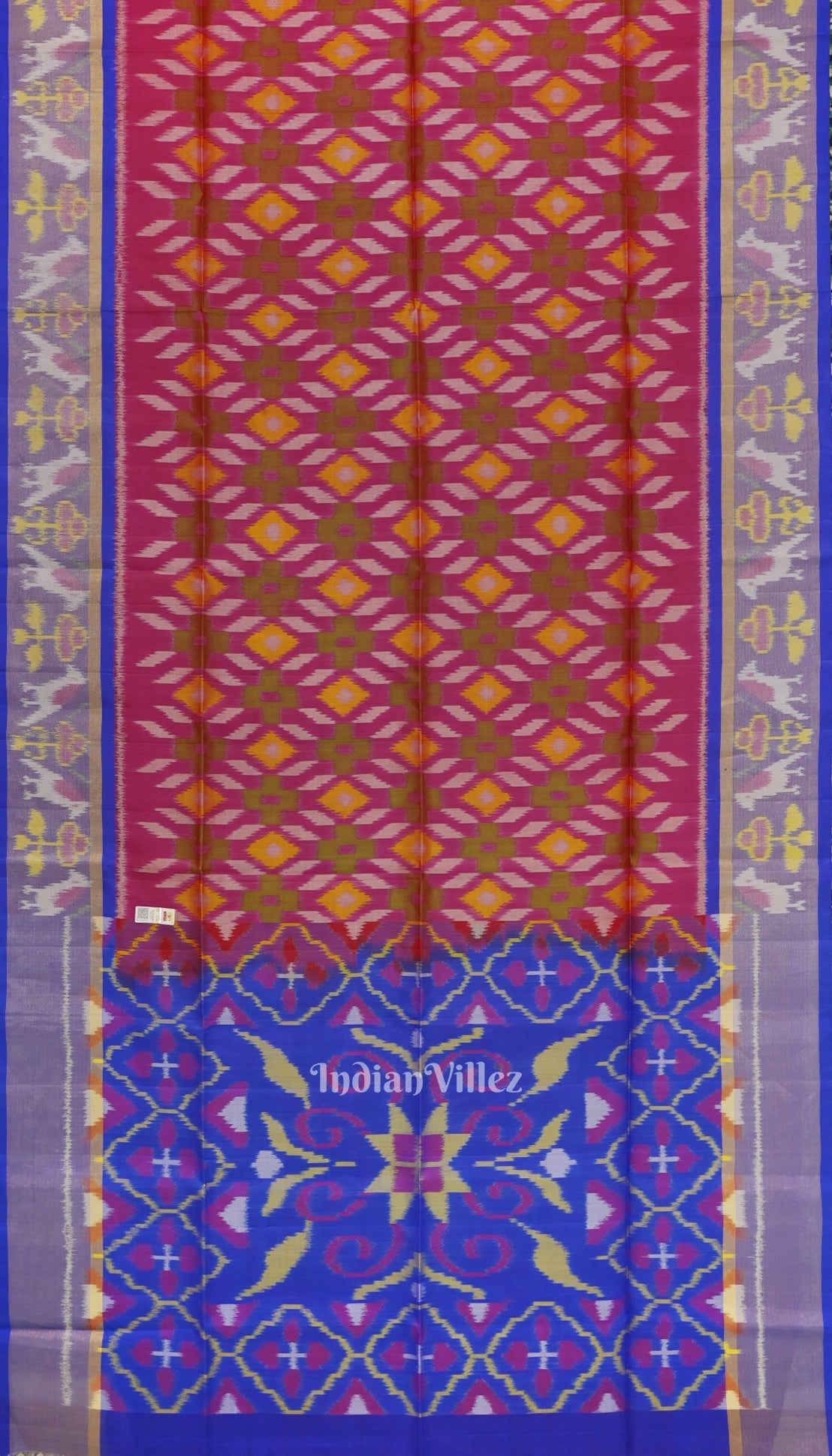 IndianVillèz Red Wth Blue Dual Tone Pochampally Ikat Handloom Silk Saree