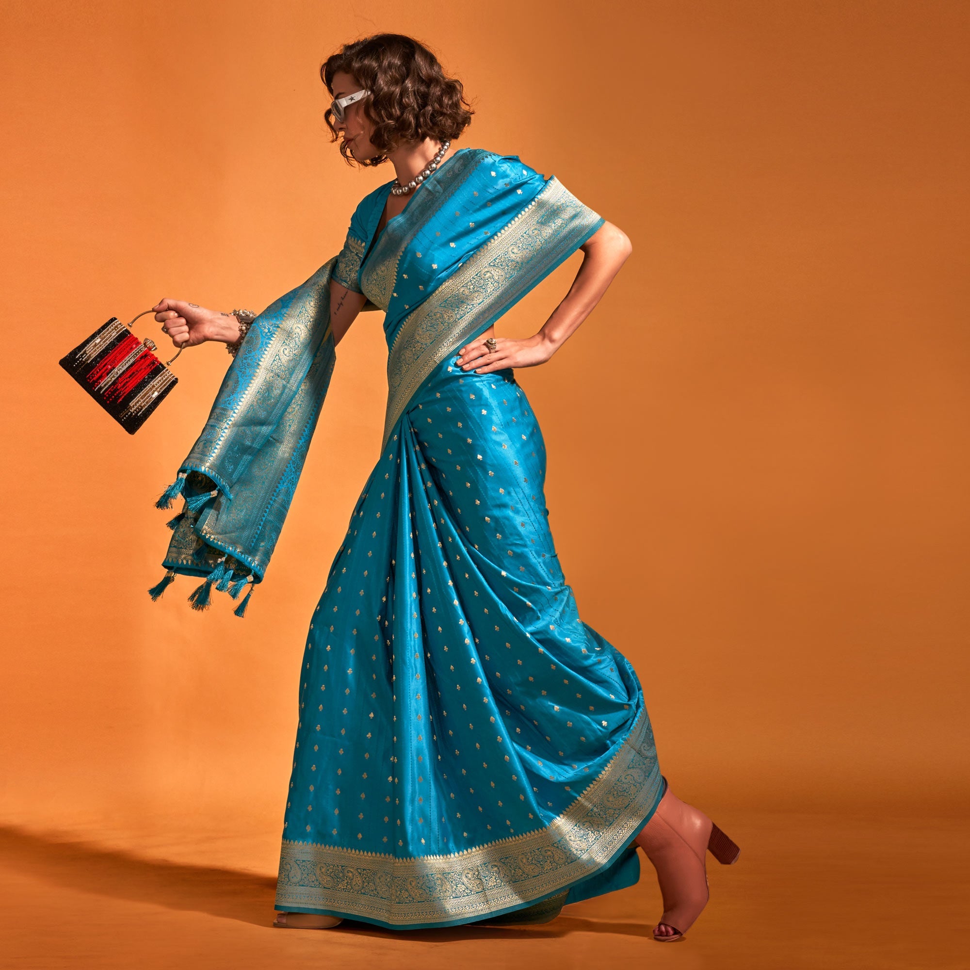 Peachmode Blue Woven Zari Border Satin Saree With Tassels - view 4