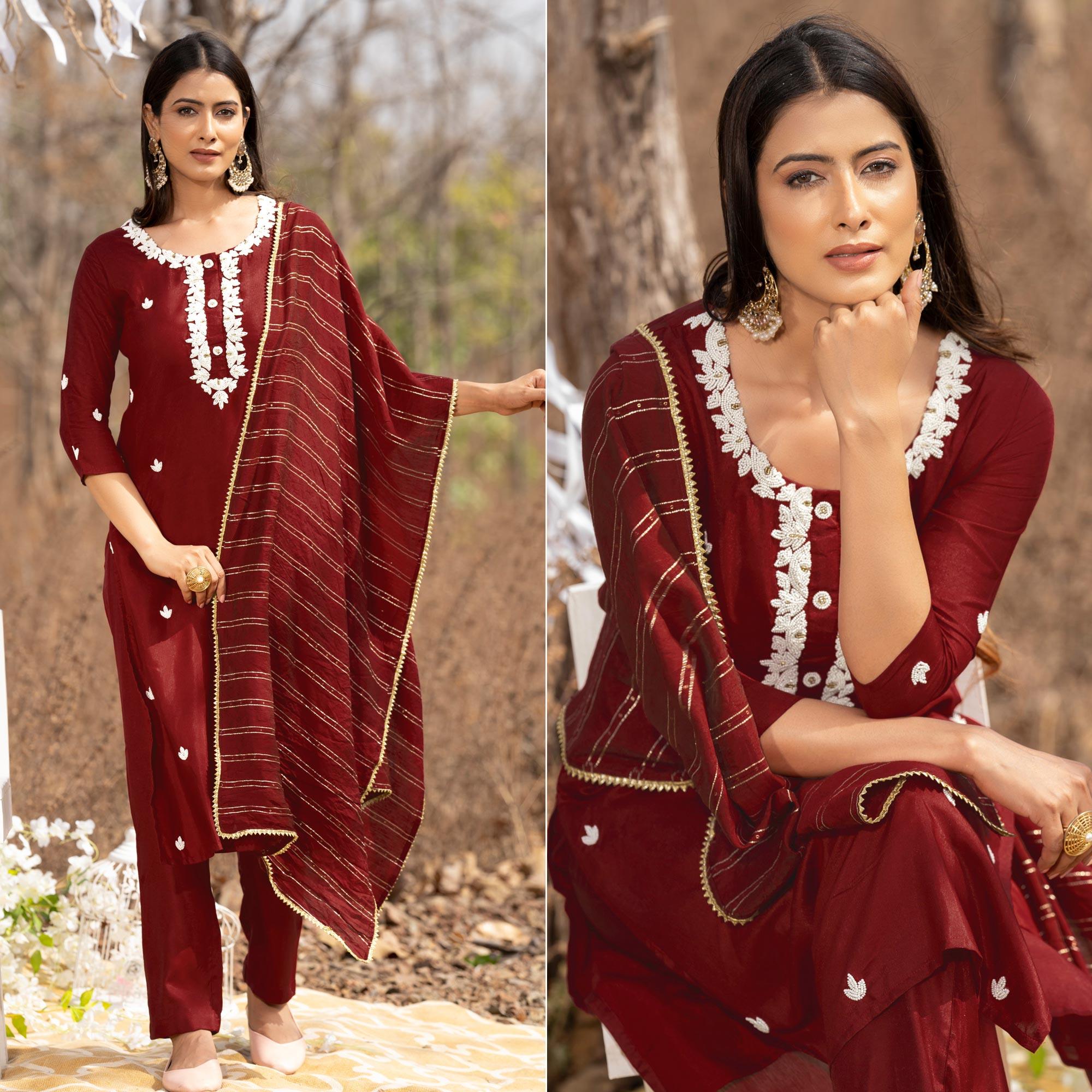 Peachmode Maroon Embellished With Embroidered Muslin Kurti Pant Set With Dupatta
