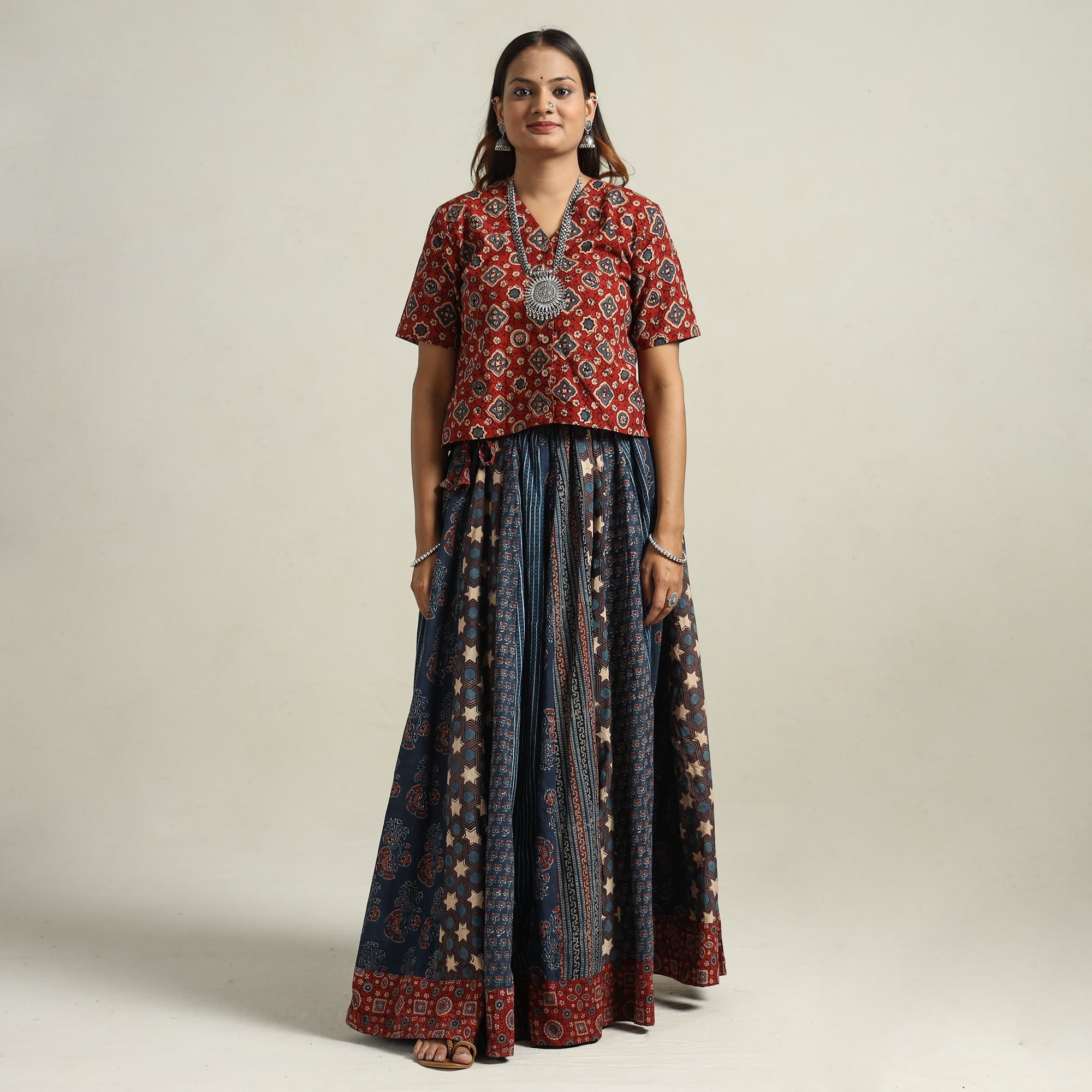 NOORI BAZAR Blue - Ajrakh Block Printed 24 Kali Patchwork Cotton Long Skirt 19