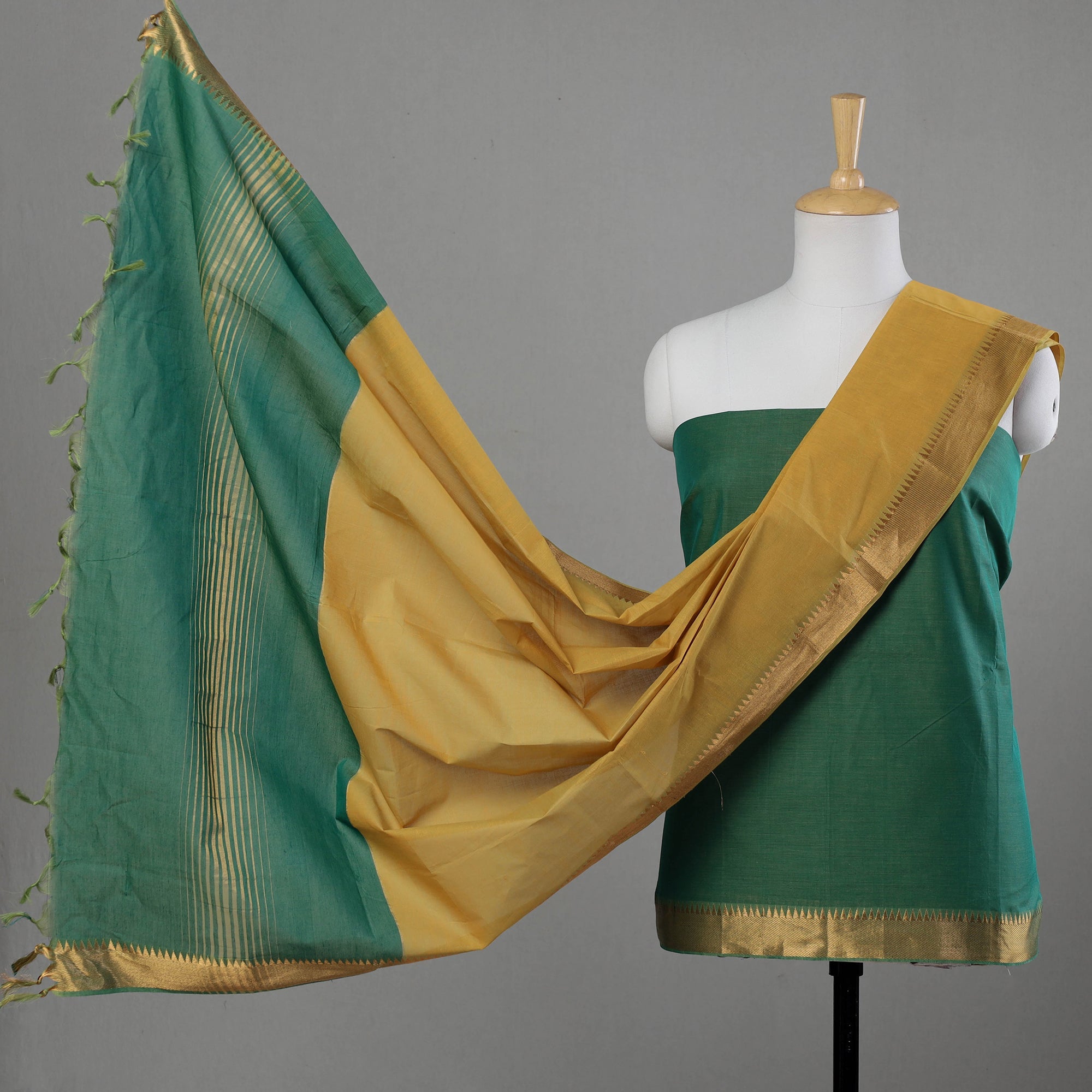 SOUTH KARGHA Green - 3pc Mangalagiri Cotton Suit Material Set with Zari Border