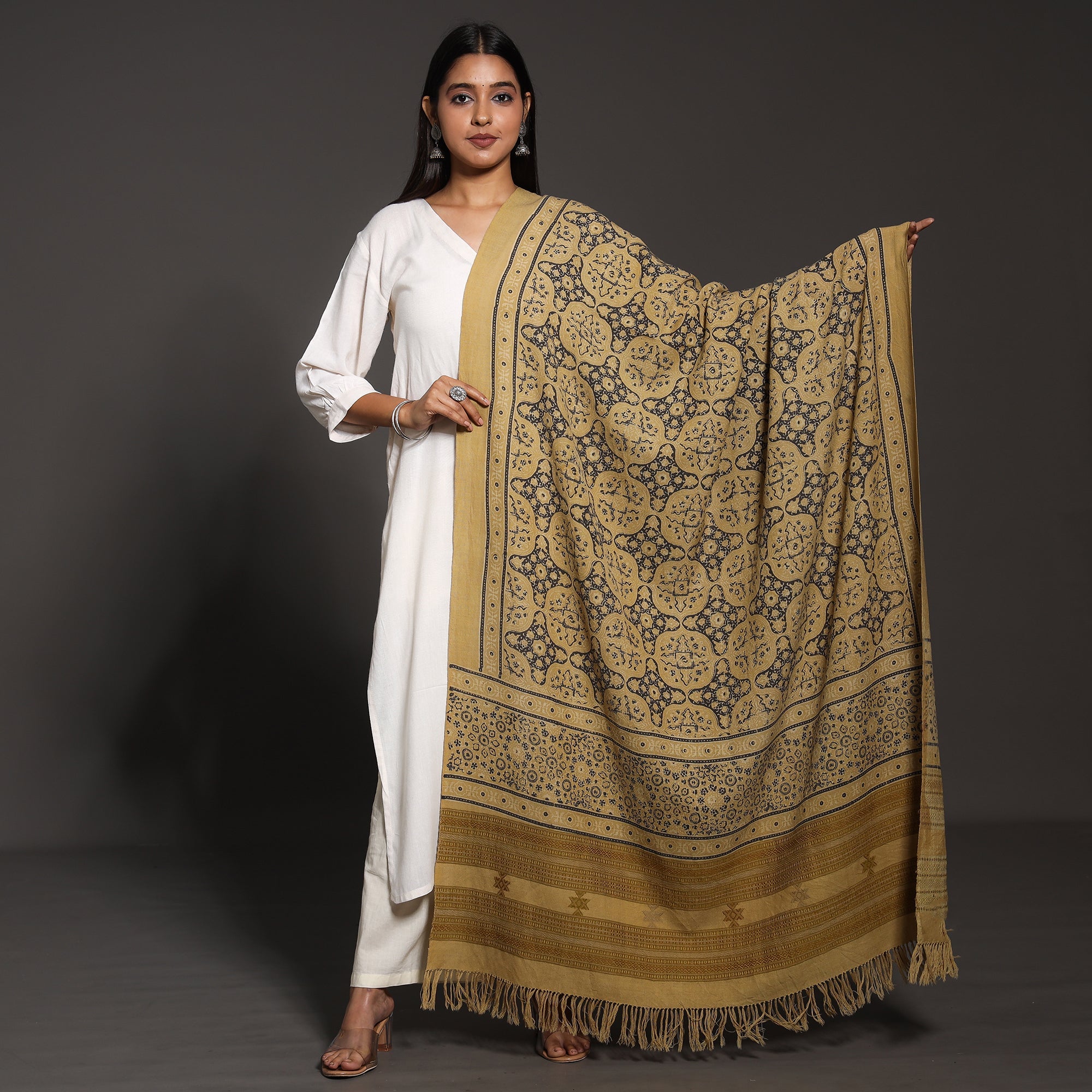 VANKAR BHIMJI KANJI Brown - Kutch Traditional Ajrakh Block Printed Handwoven Pure Wool Shawl