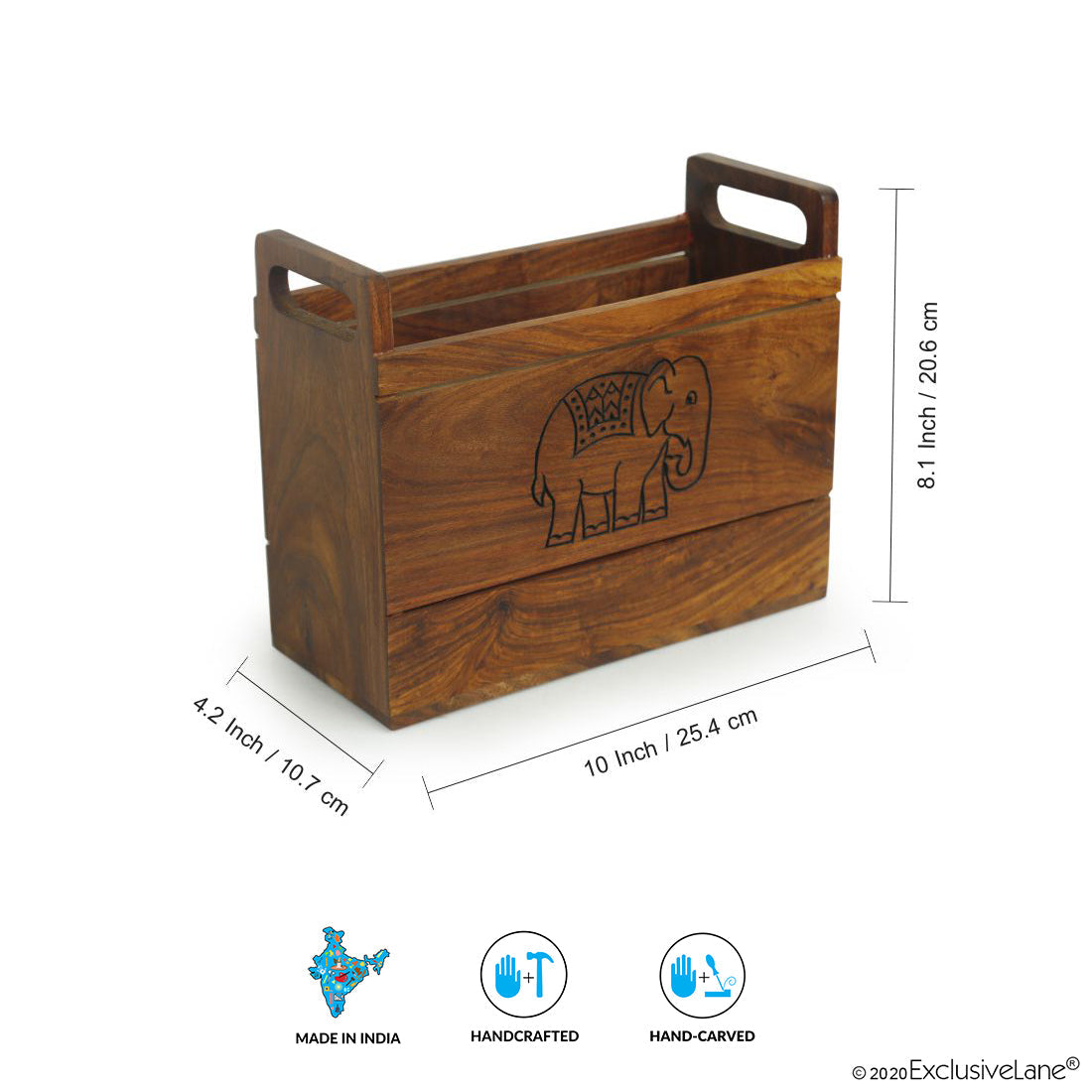 EXCLUSIVELANE 'The Elephant Warriors' Hand Carved Table Magazine Stand In Sheesham Wood - view 6