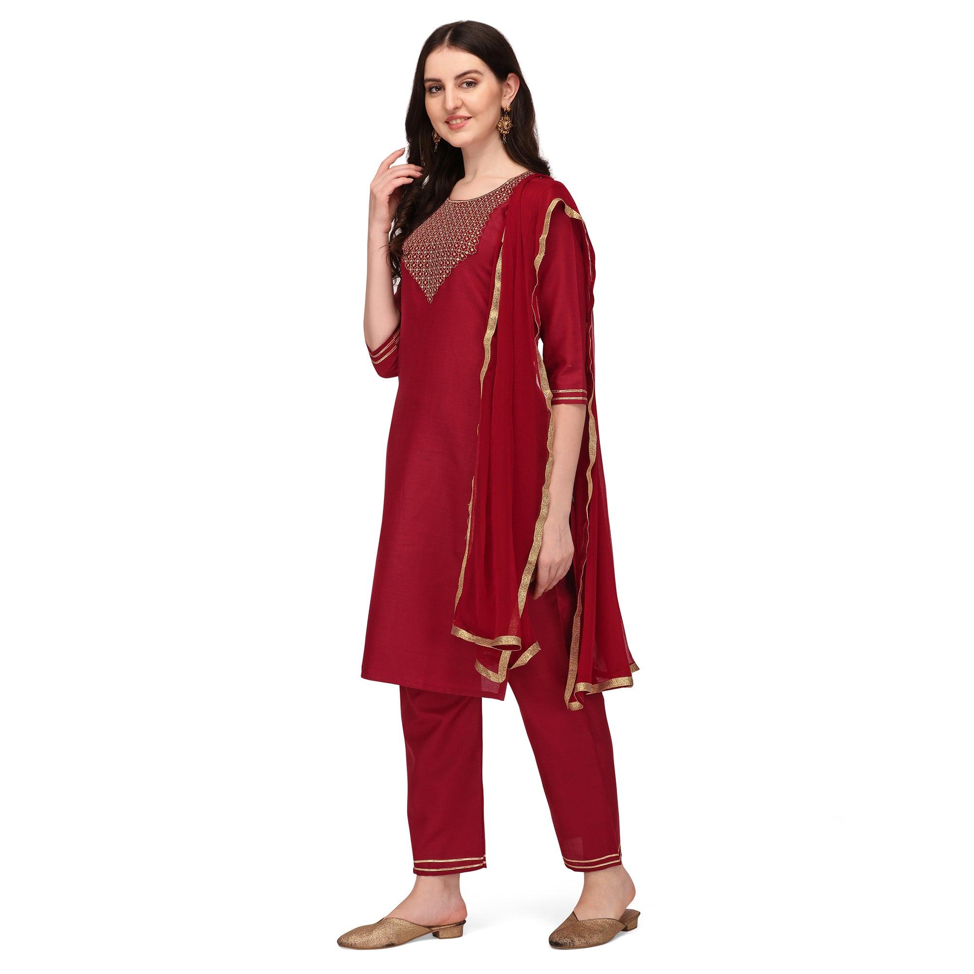 Peachmode Seller Maroon Embroidered Cotton Blend Kurti Pant Set With Dupatta - view 4