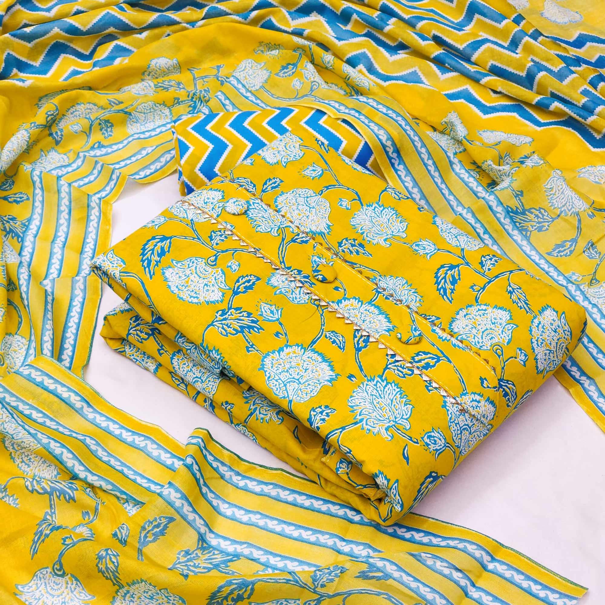 Peachmode Lemon Green Floral Printed Cotton Blend Dress Material