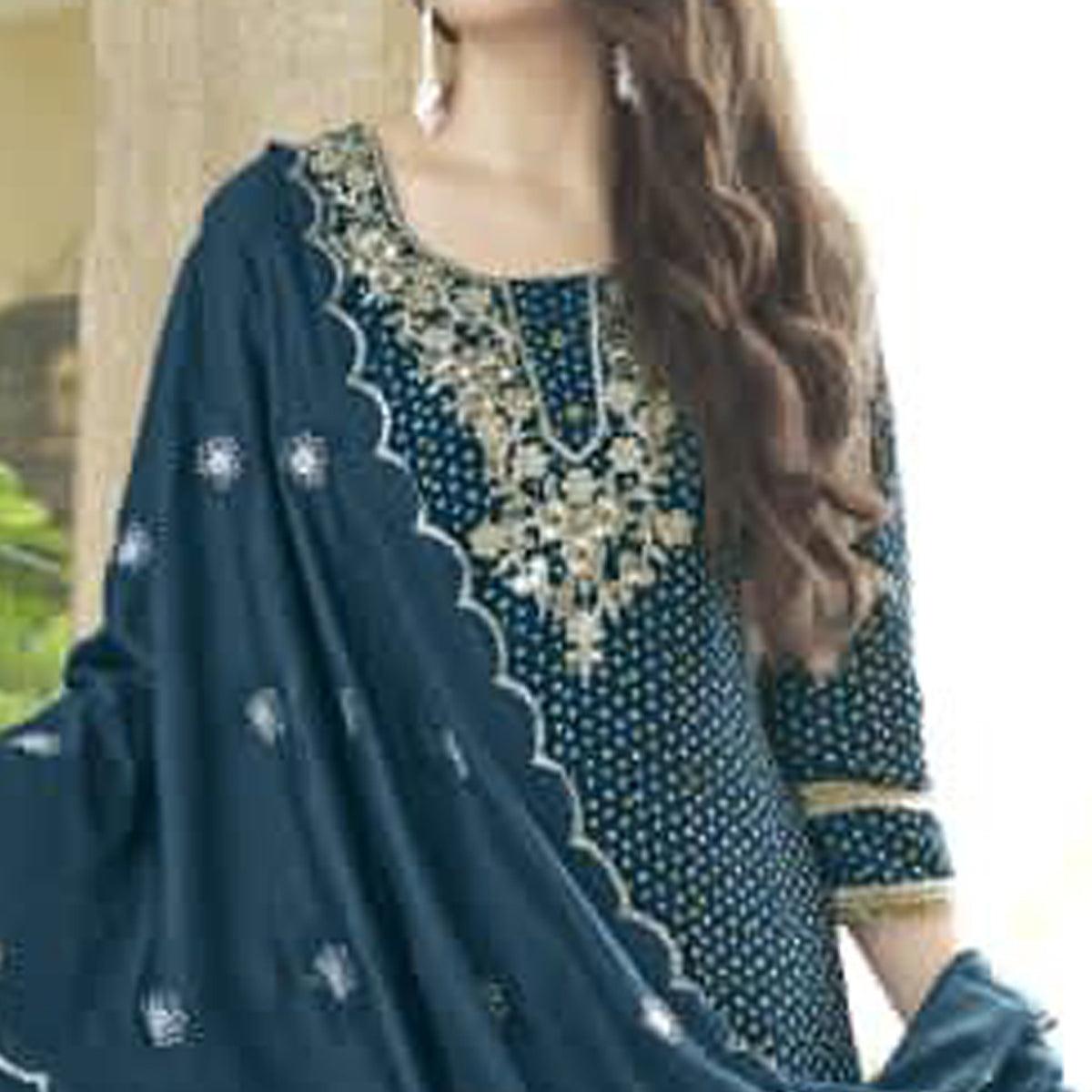 Peachmode Seller Dark Teal Blue Bandhani Printed With Gota Patti Muslin Salwar Suit - view 3