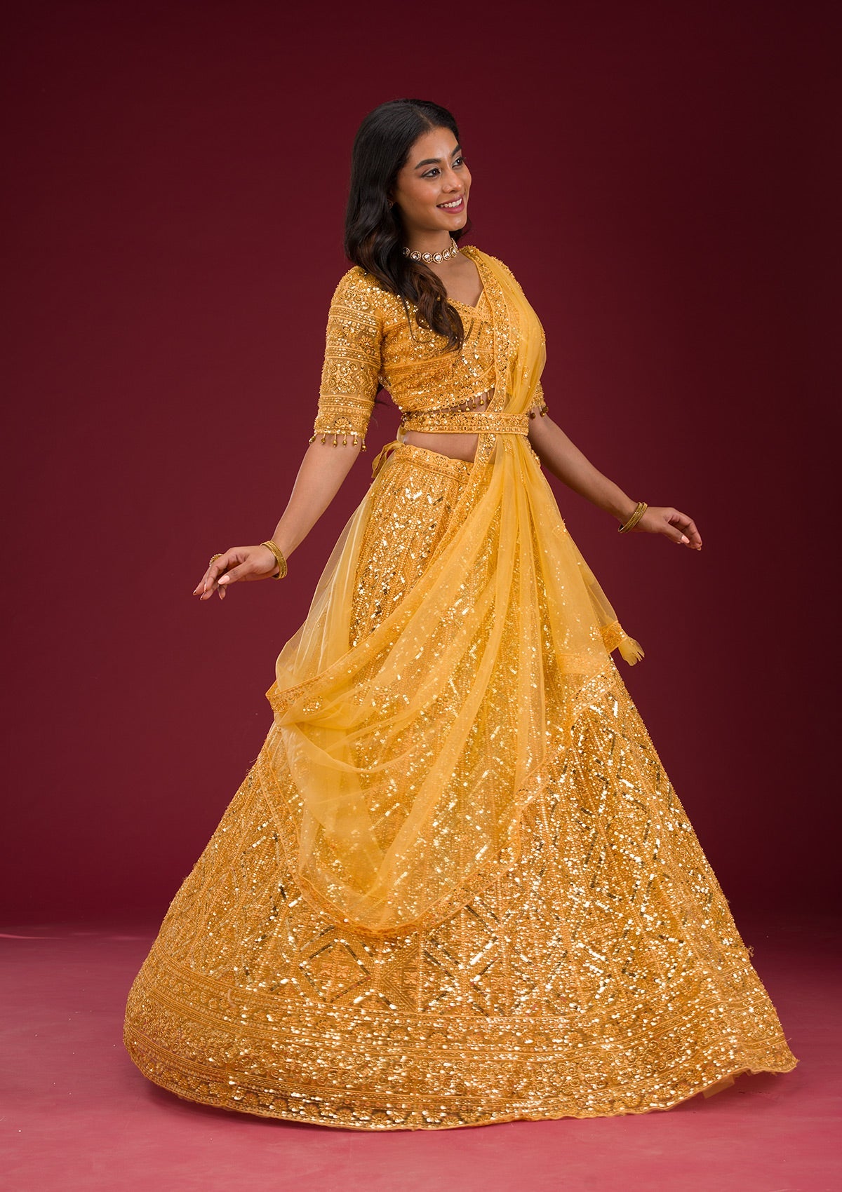 Koskii Yellow Sequins Net Readymade Lehenga – Women's
