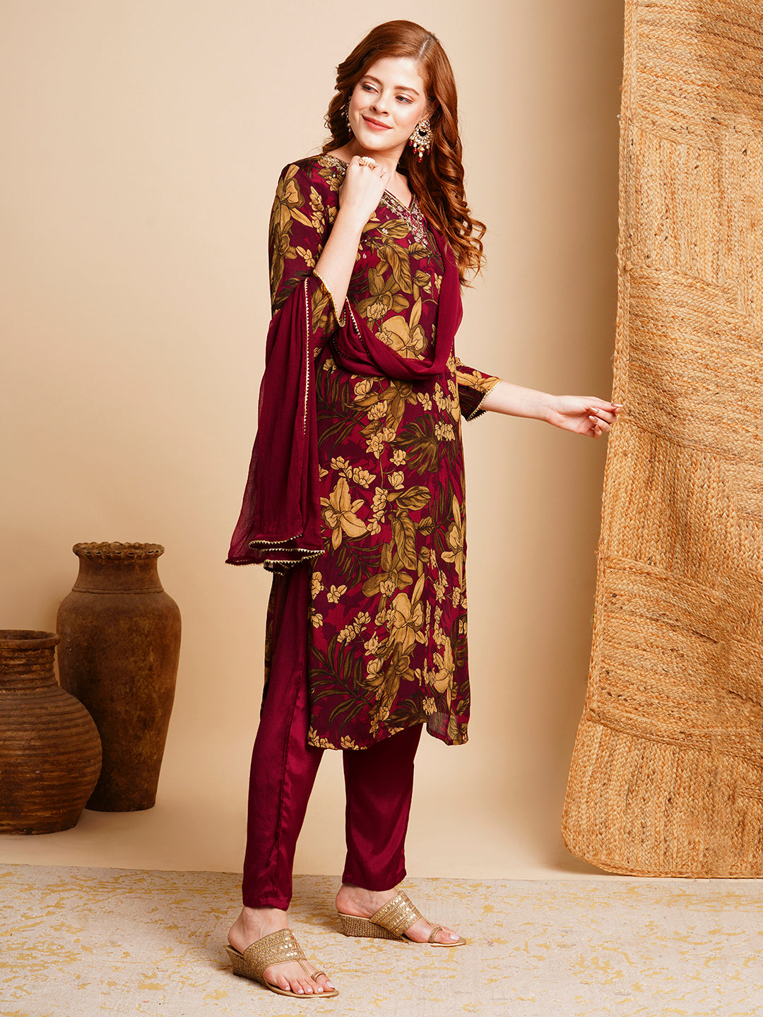FASHOR Floral Printed & Hand Embroidered Kurta with Pant & Dupatta - Maroon - view 4