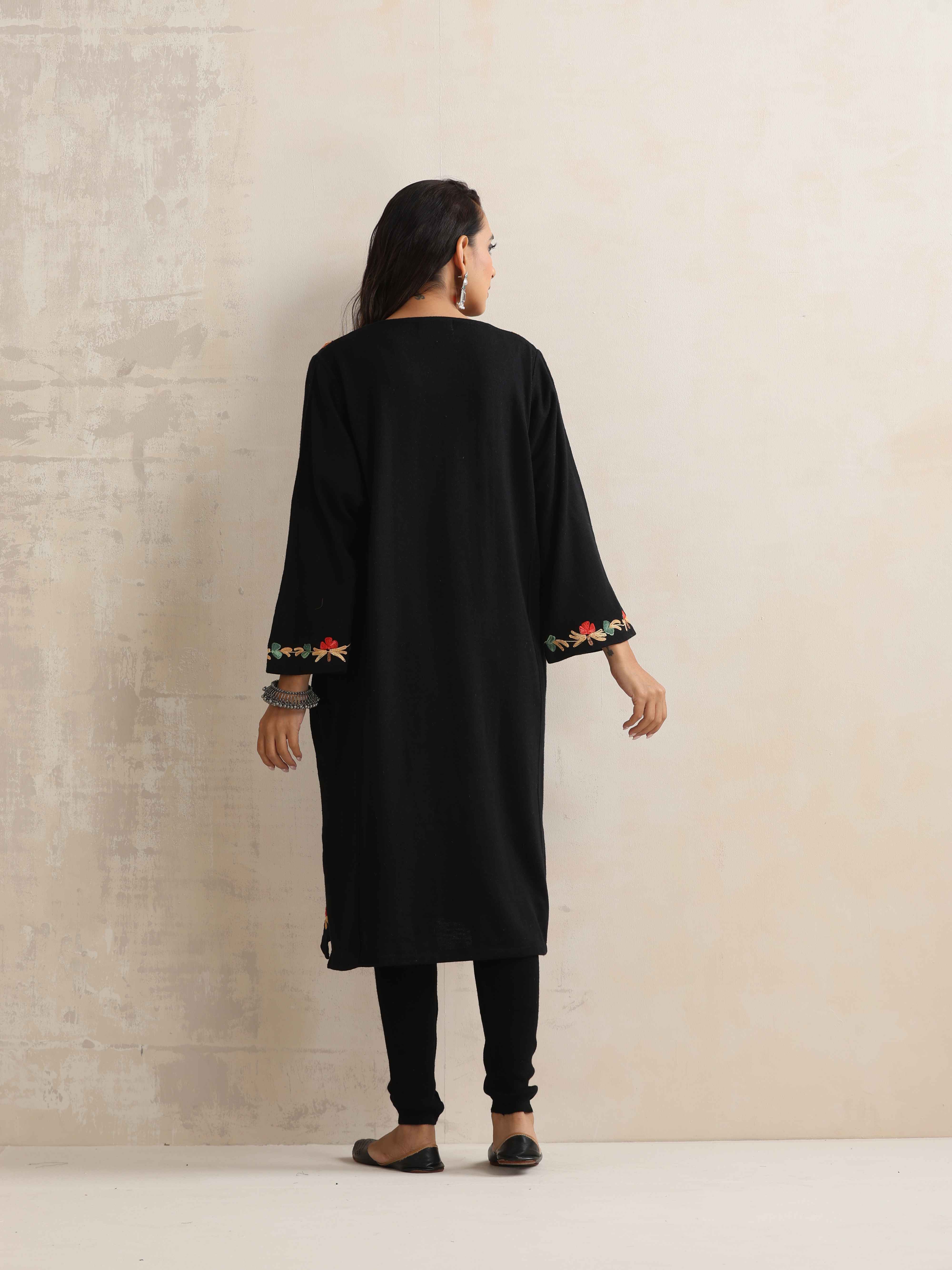 trueBrowns Black Kashmiri Embroidered Woollen Phiran Kurta - view 8