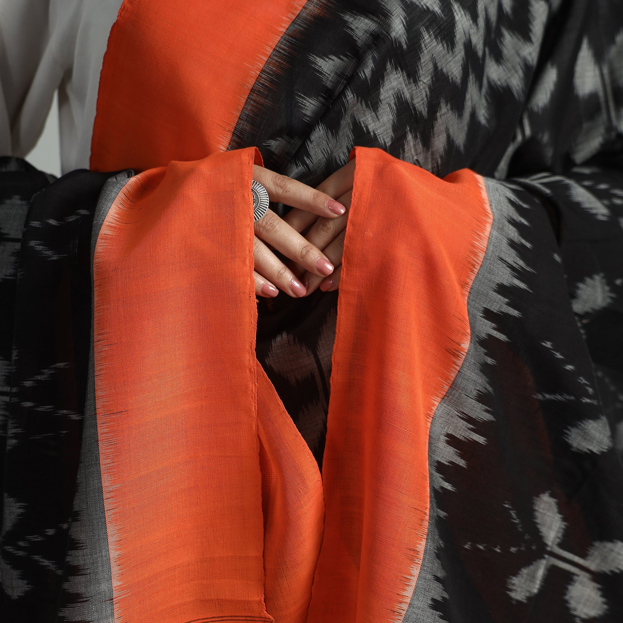 IKAT WEAVES BY EDEM CHANDANA Black - Pochampally Ikat Handloom Cotton Dupatta with Tassels 15 - view 4