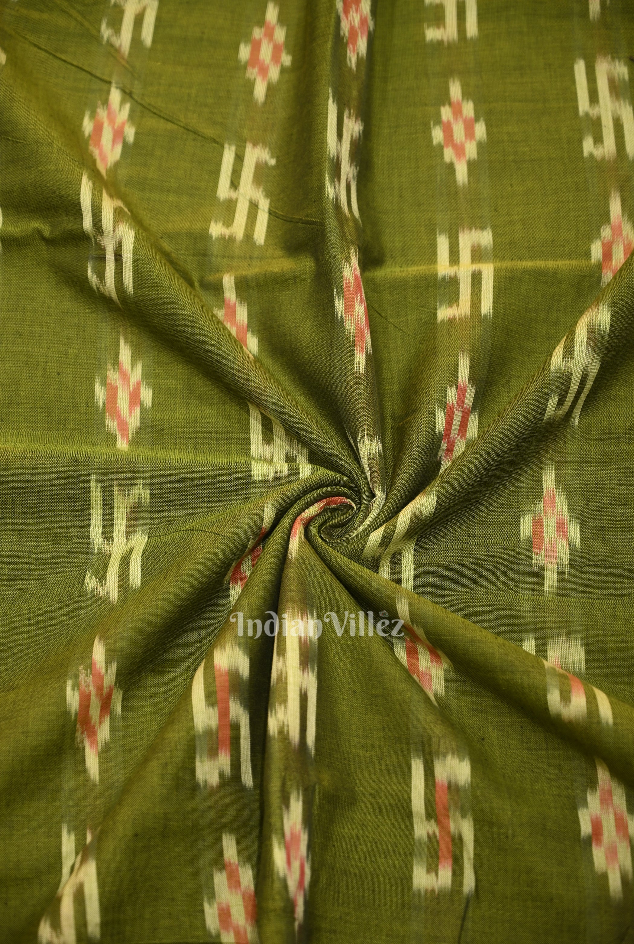 IndianVillèz Mehendi Green Swastik Sambalpuri Ikat Cotton Fabric