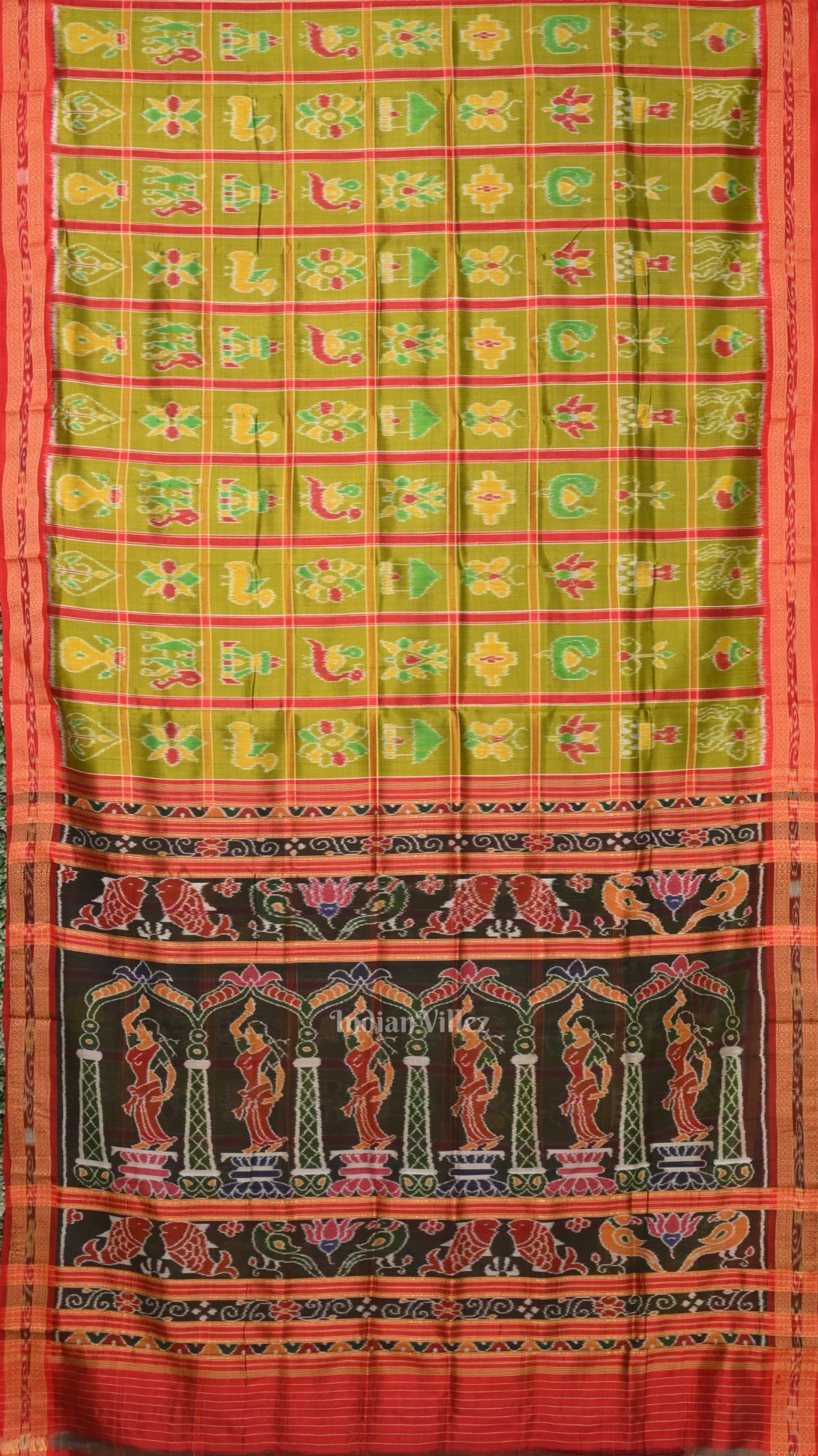 IndianVillèz Mehendi Green Nabakothi Odisha Ikat Khandua Silk Saree with Nartaki Anchal