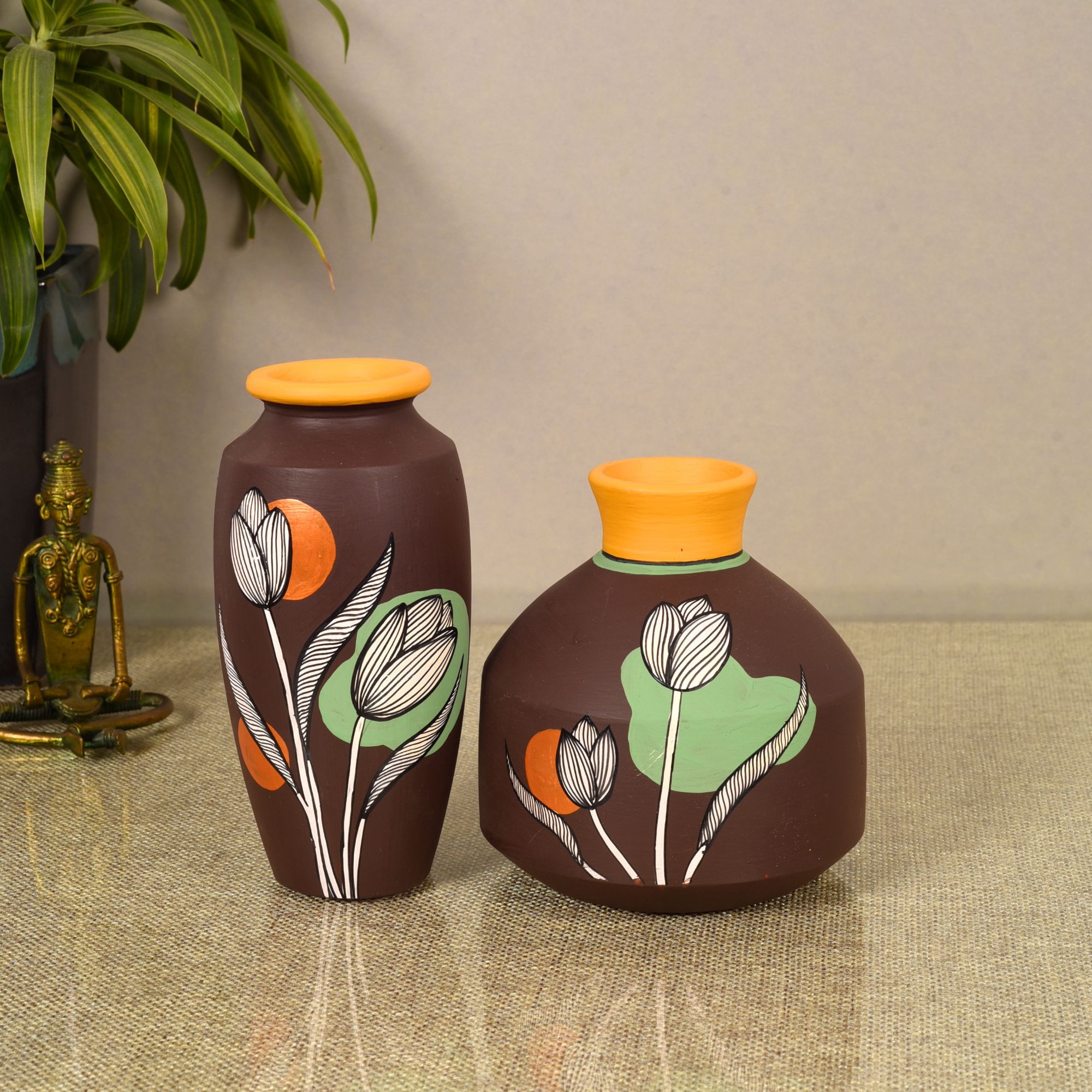 ART CREATIONS BY SUMAN SONTHALIA Autumn Hues Terracotta Vases (Set of 2) (Large - 5x5x5, Small - 3x3x6)